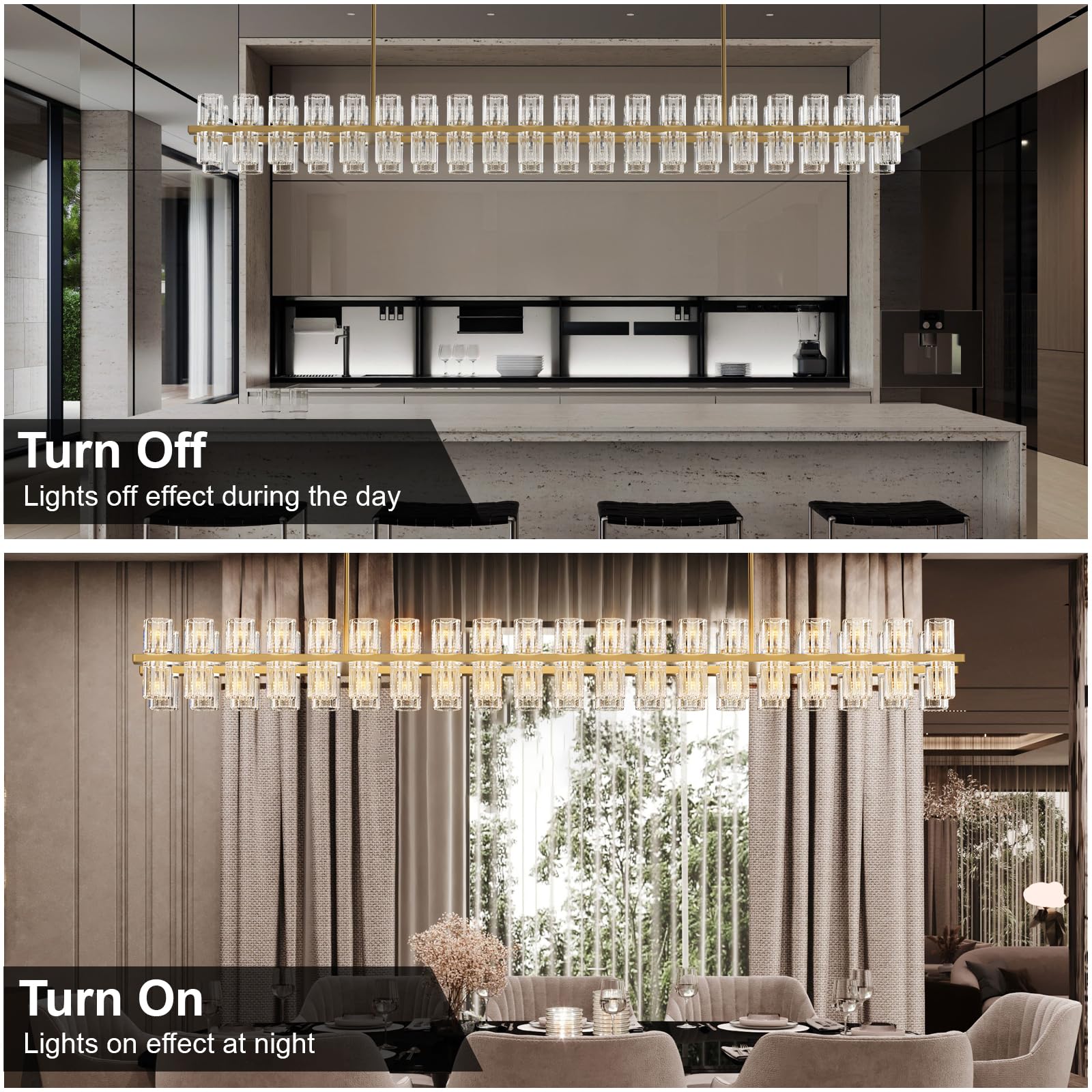 Crystal Brass Rectangular Chandelier Light Fixture,72 In Dining Room Chandelier Over Table,Modern Chandelier For Living Room,Arc