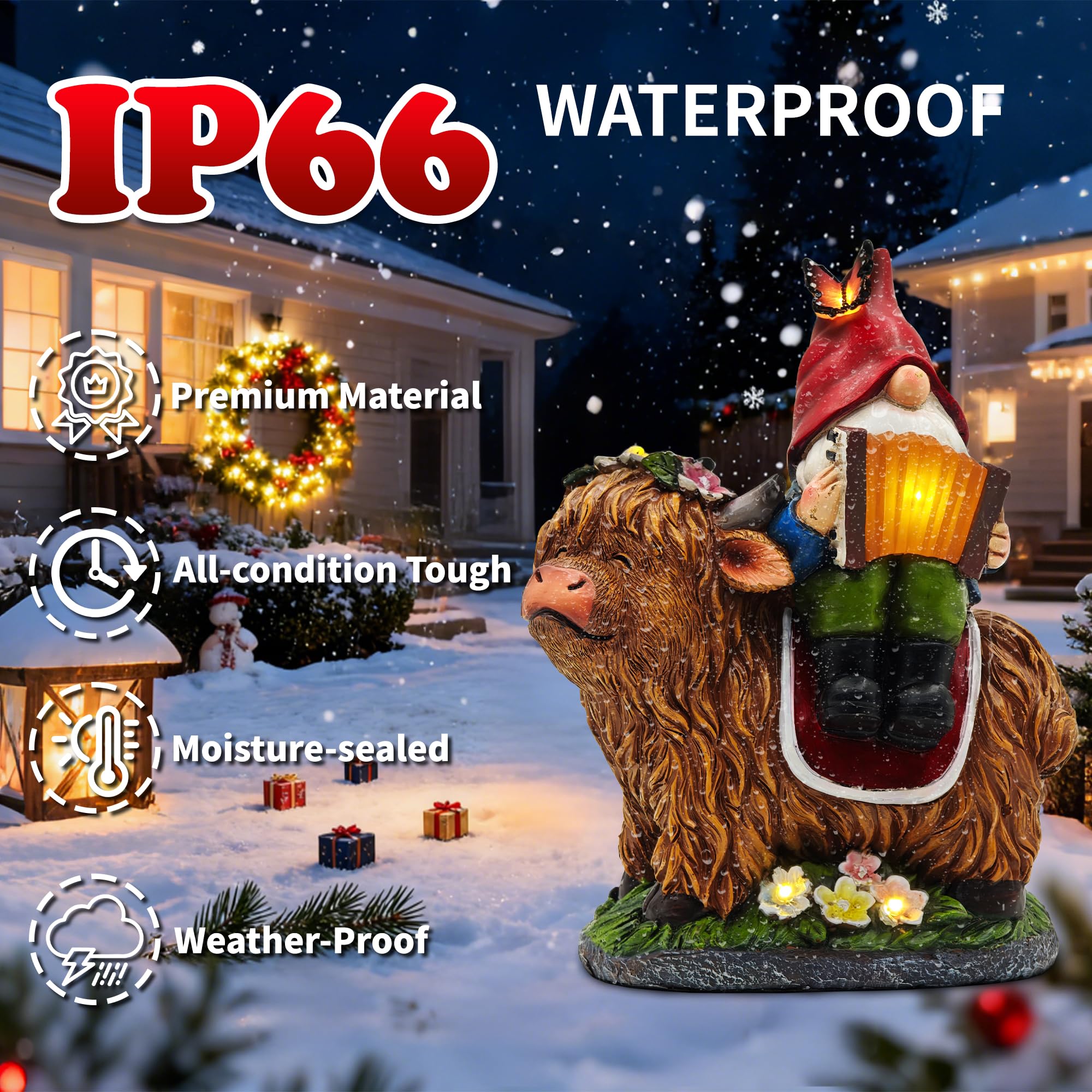 Cffownug Christmas Garden Gnomes Outdoor Statues: 8 Solar Light Gnome Decor On Highland Cow Play The Accordion Unique Birthday Gifts For Women Mother Grandma