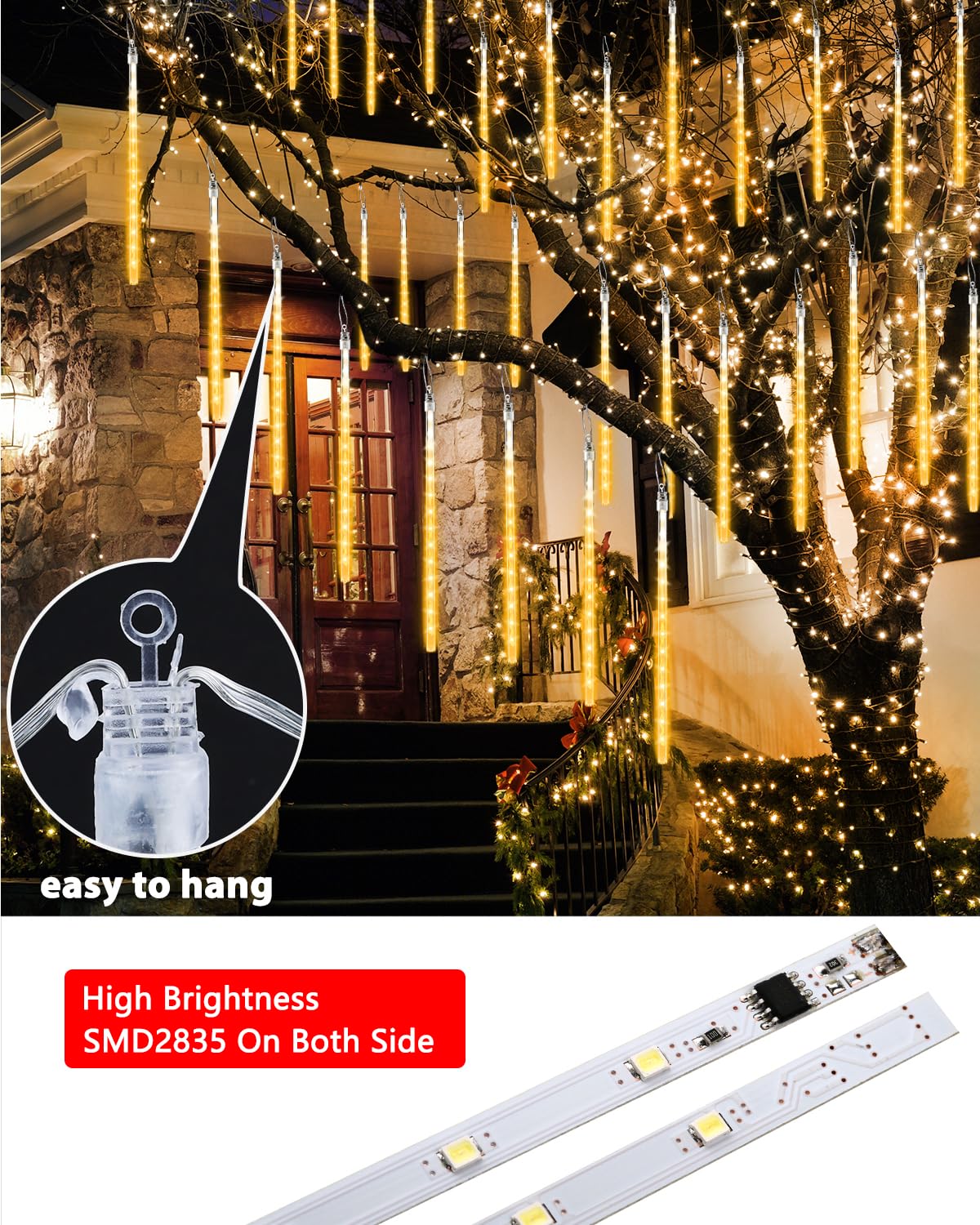Warm White 20 Tubes Meteor Shower Icicle Lights 480 Led Raindrop Lights With Timer Function Cascading Falling Rain Light For Hol
