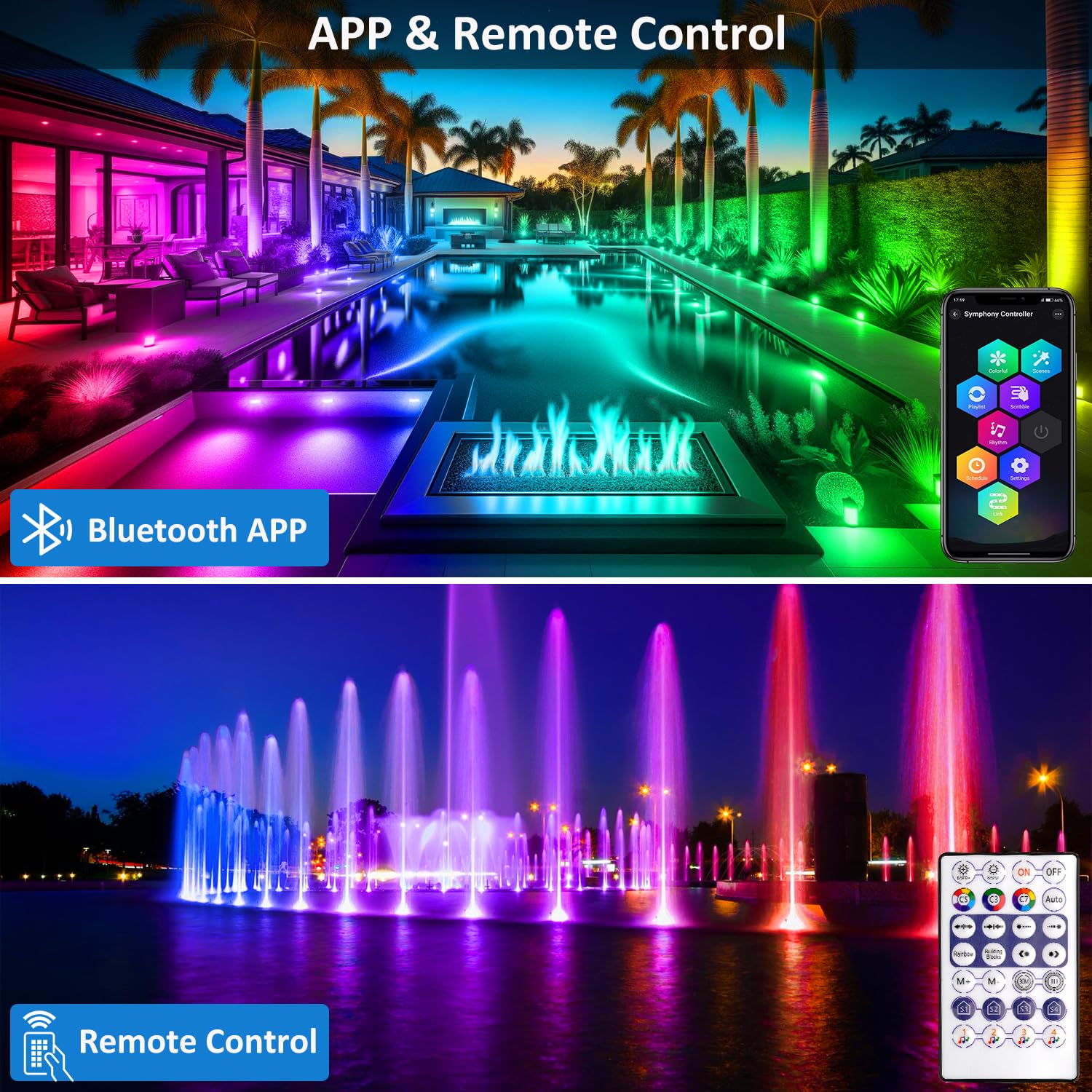 T-SUN Colored Pond Lights with APP and Remote Control - Bright LED Underwater Submersible Fountain Lights, IP68 Waterproof Lands