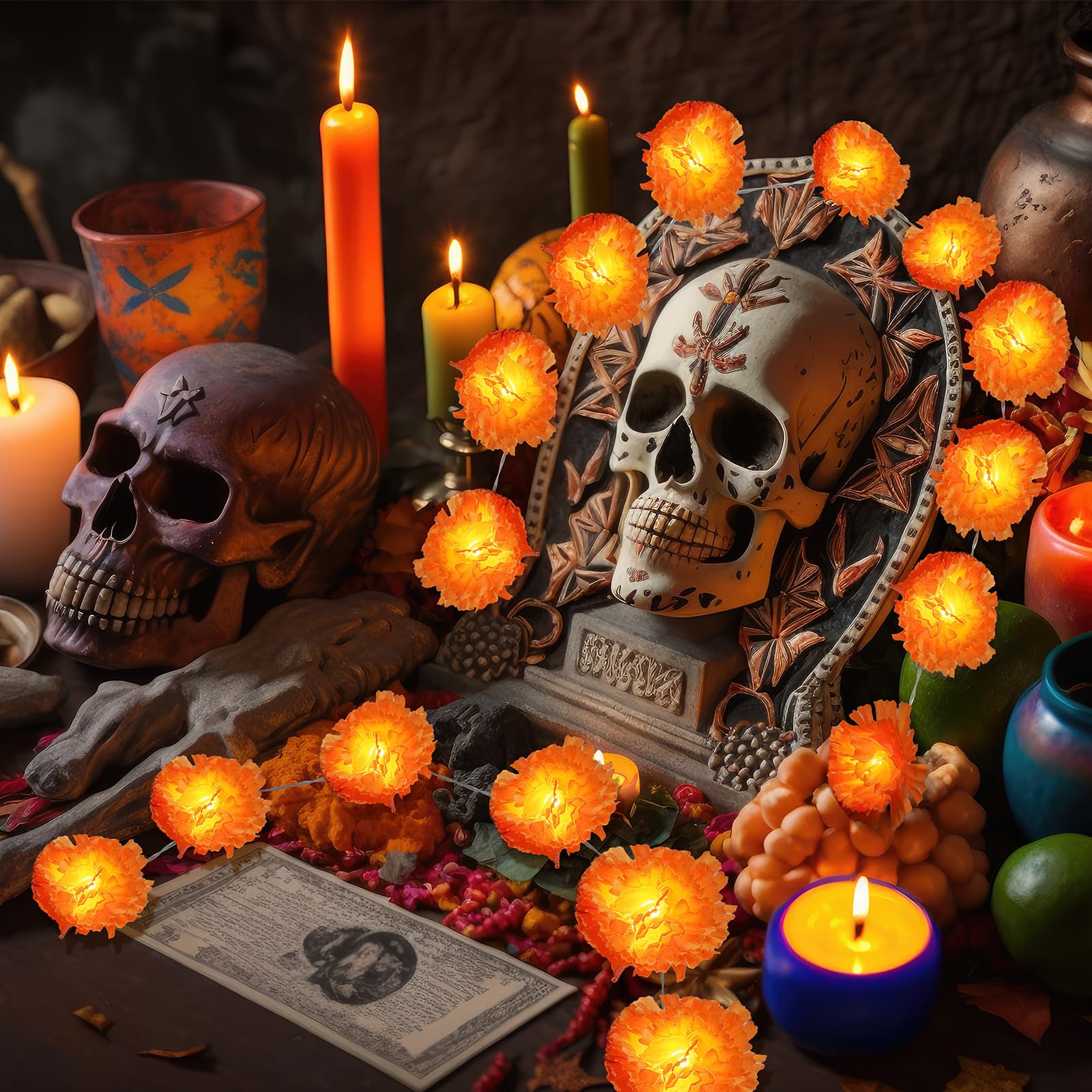 6 Pack Day Of The Dead Lighted Marigold Garland 10 Led Artificial Marigold Flowers String Lights Dia De Los Muertos Decorations For Halloween Diwali Indian Party (6  5 Ft 10 Led)