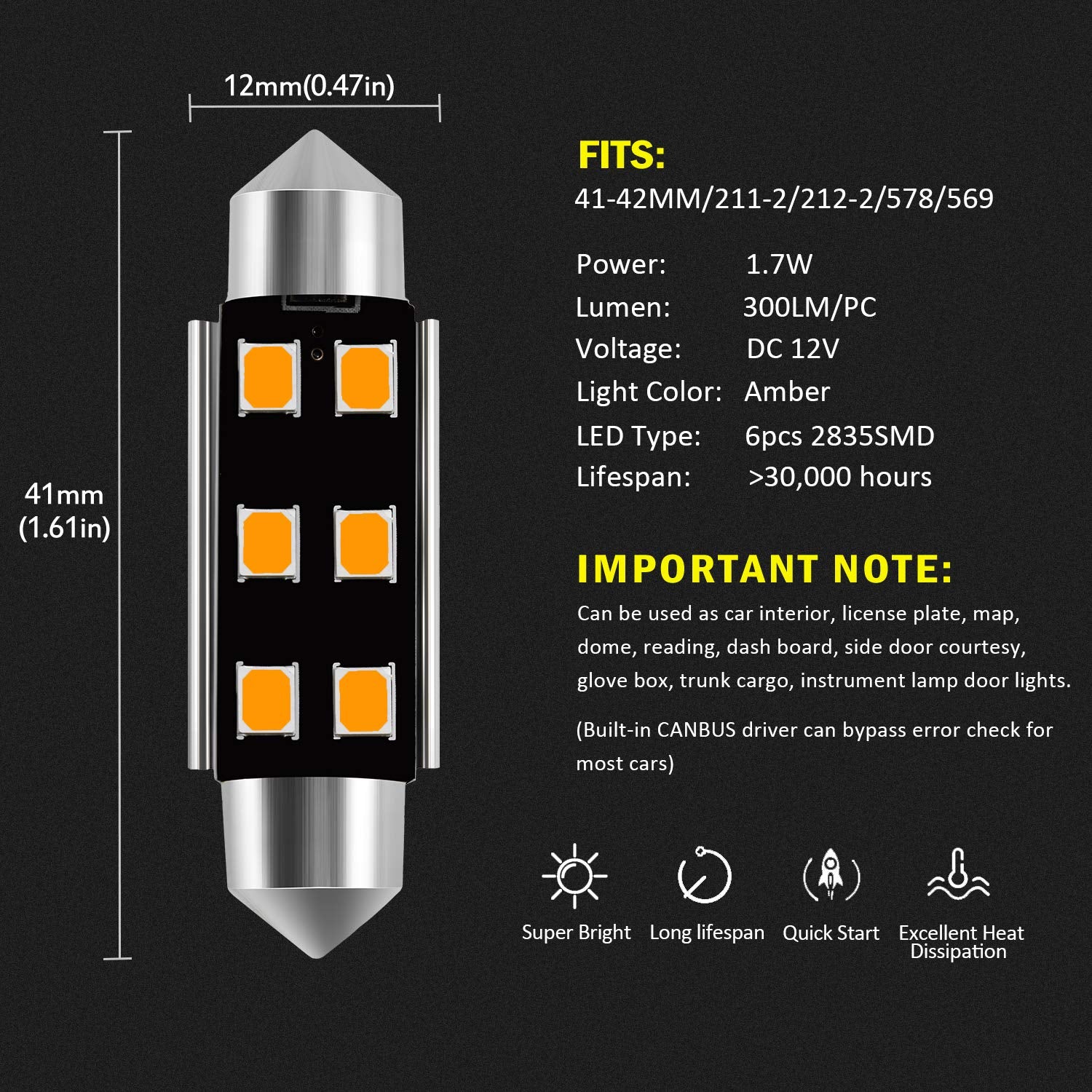 AUXLIGHT LED Interior Light Bulbs, Amber Yellow, 41MM, Error Free, 6SMD Chips, Pack of 6