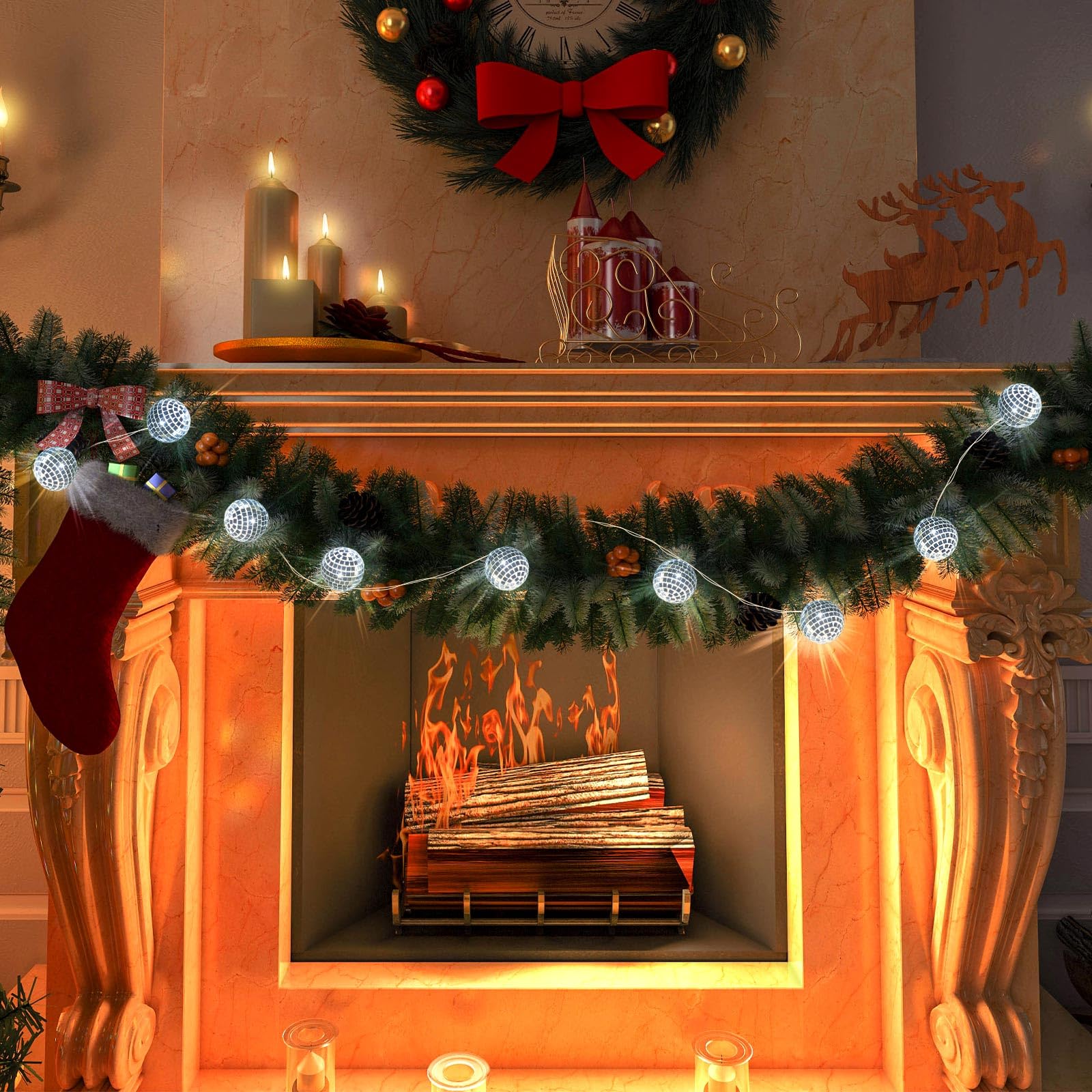 BBTO LED Disco Ball String Light Battery Powered, 9.84 ft Long, Silver White, 70s 80s Disco Party Supplies