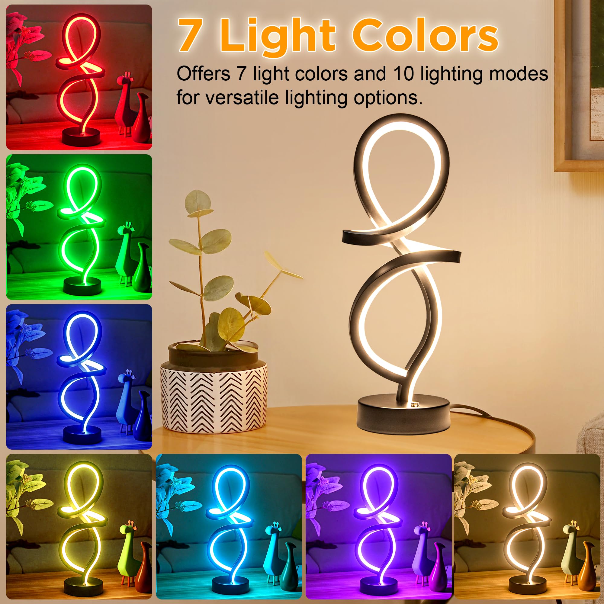 Mayful Rgb Spiral Led Table Lamp - Touch Dimmable, 7 Colors & 10 Modes, Modern Bedside Lighting