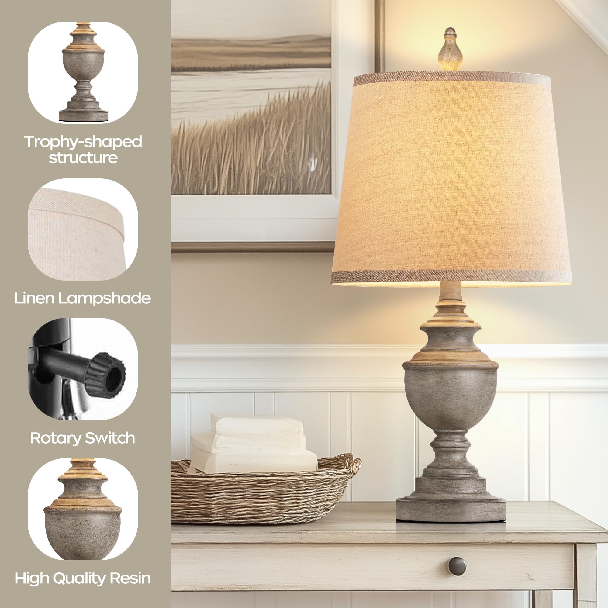 PARTPHONER Retro Table Lamps Set of 2, 22in Vintage Nightstand Lamps, Antique Grey, Resin, Model PALP453AW2