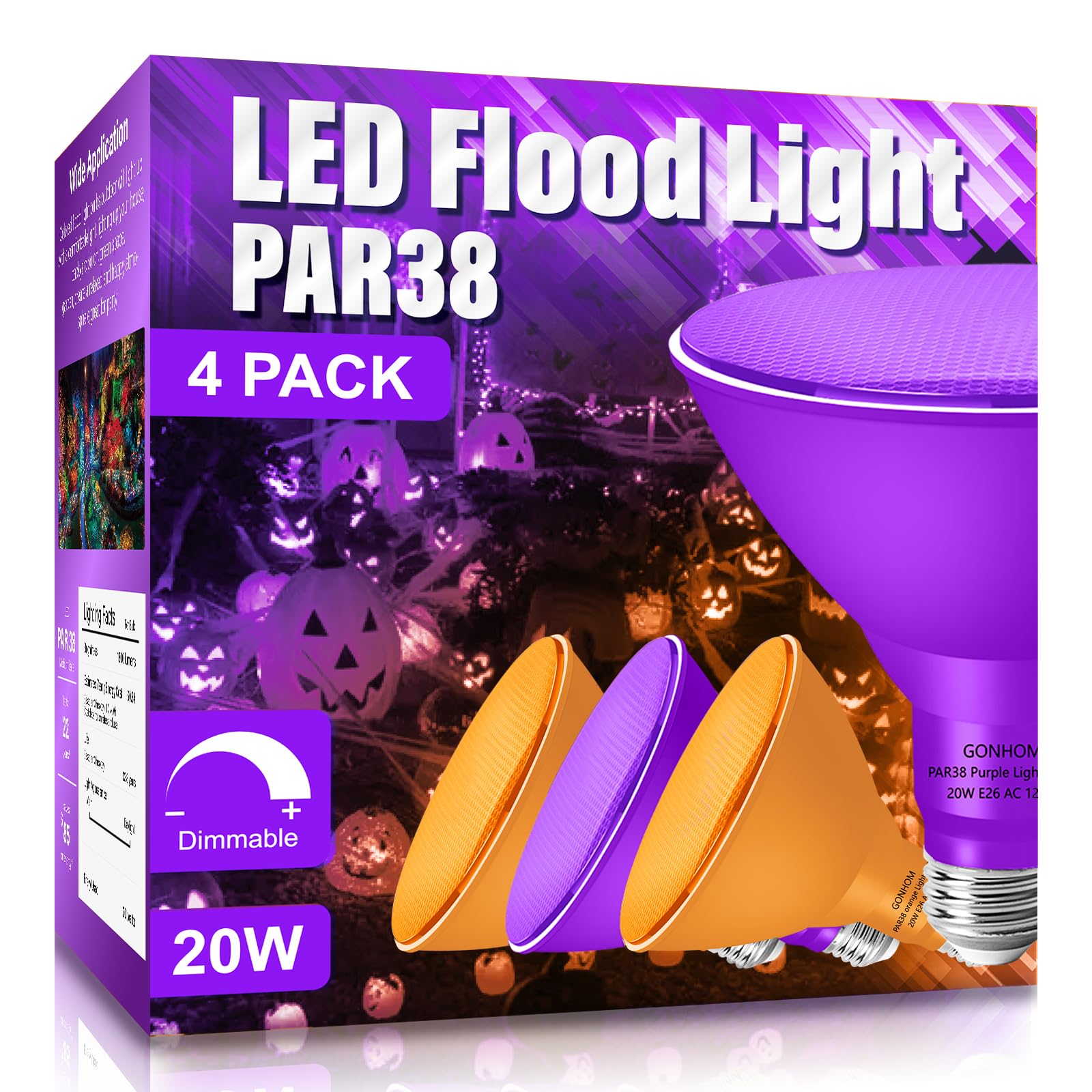 Gonhom Par38 Flood Lights Outdoor Dimmable Led Flood Light Bulbs 20W(Equivalent To 200W) E26 Base Outdoor Porch Holiday Lighting Led Flood Light Bulb For Halloween Christmas 4 Pack Orange Purple