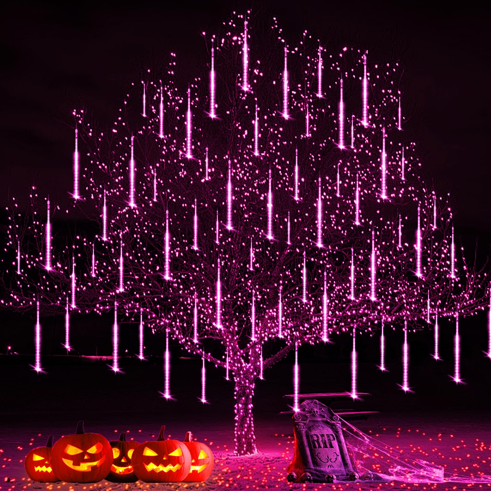Adecorty Halloween Lights Outdoor, Purple Halloween Decorations Meteor Shower Lights Christmas Lights Outdoor 8 Tubes 192 Led Falling Rain Dripping Icicle Lights For Xmas Christmas Decor Party,Ul Plug