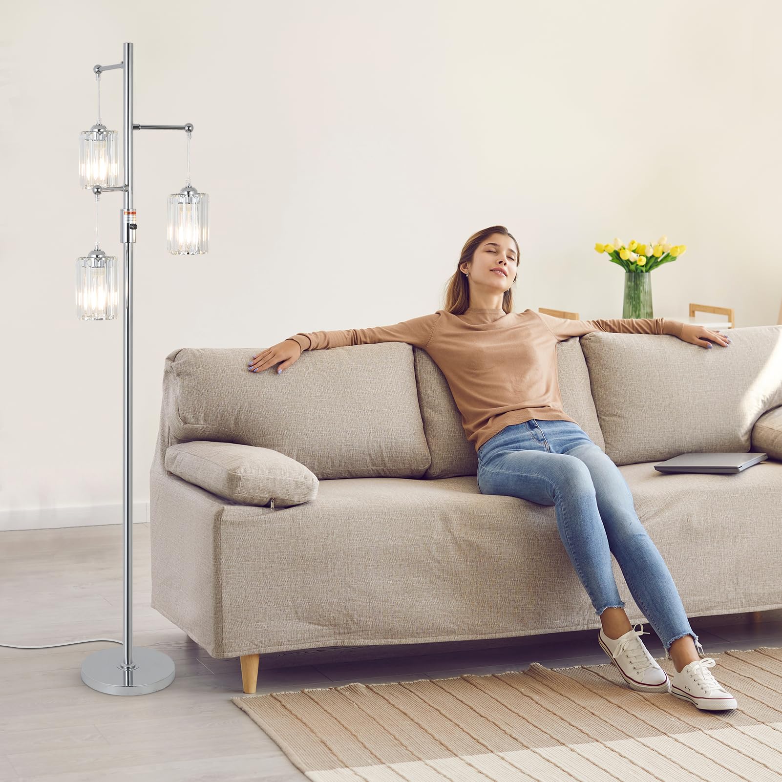 Stepeak Modern Crystal Floor Lamp, 65" Tall Dimmable Silver Tree Lamp with Dimmer Switch, Ideal for Living Room and Bedroom Reading