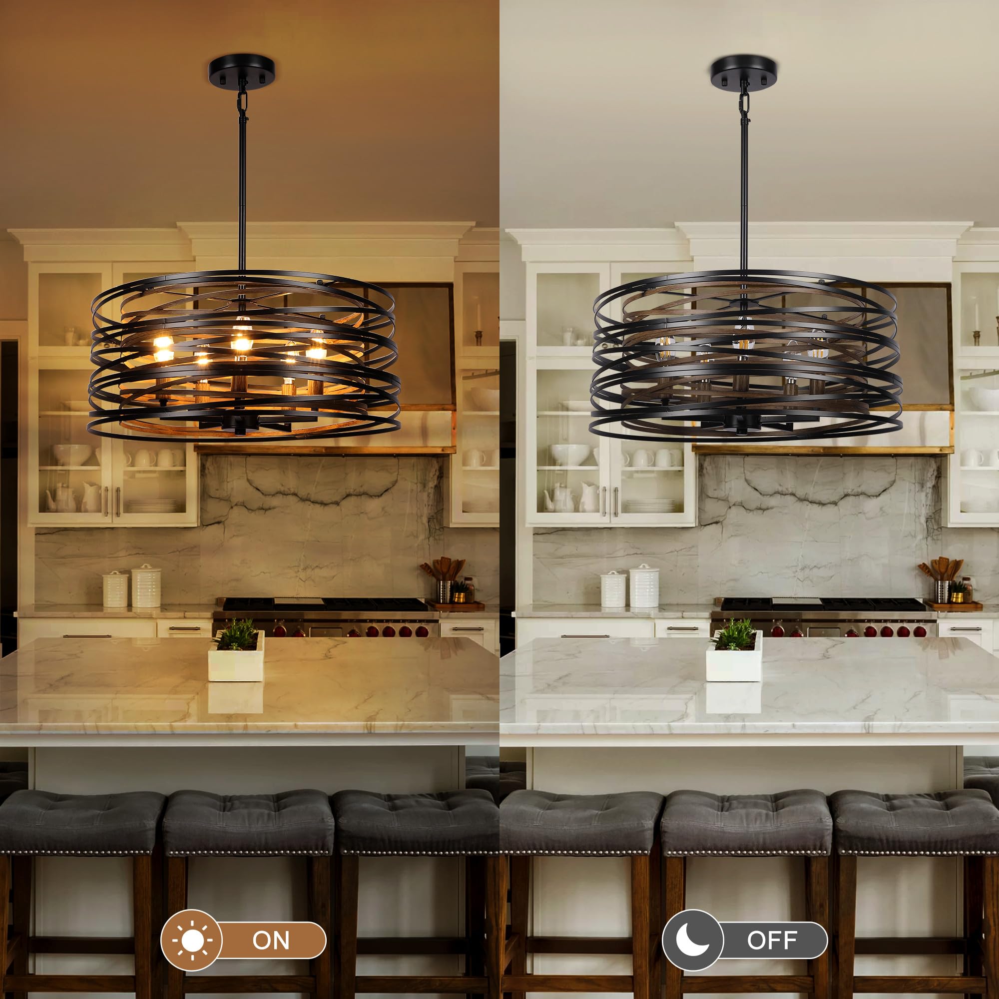 Sigaitwei 5-Light Rustic Drum Chandelier - Vintage Black Metal & Wood Grain - Ideal for Dining Room, Kitchen, Entryway, Living Room