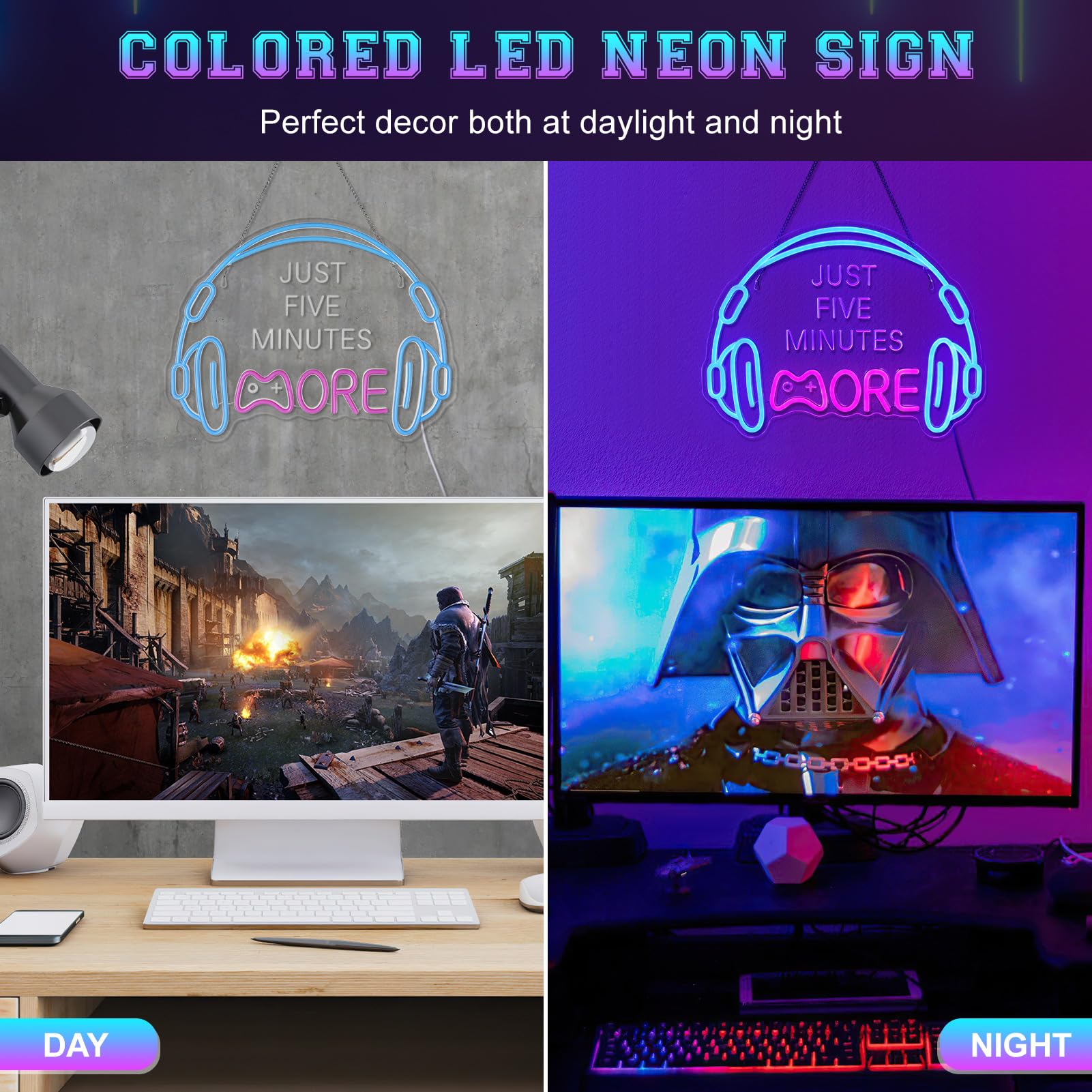 ReyeeInc Gaming Neon Sign, Dimmable LED Headset Light, Acrylic, Blue and Pink, Perfect for Game Room Decor