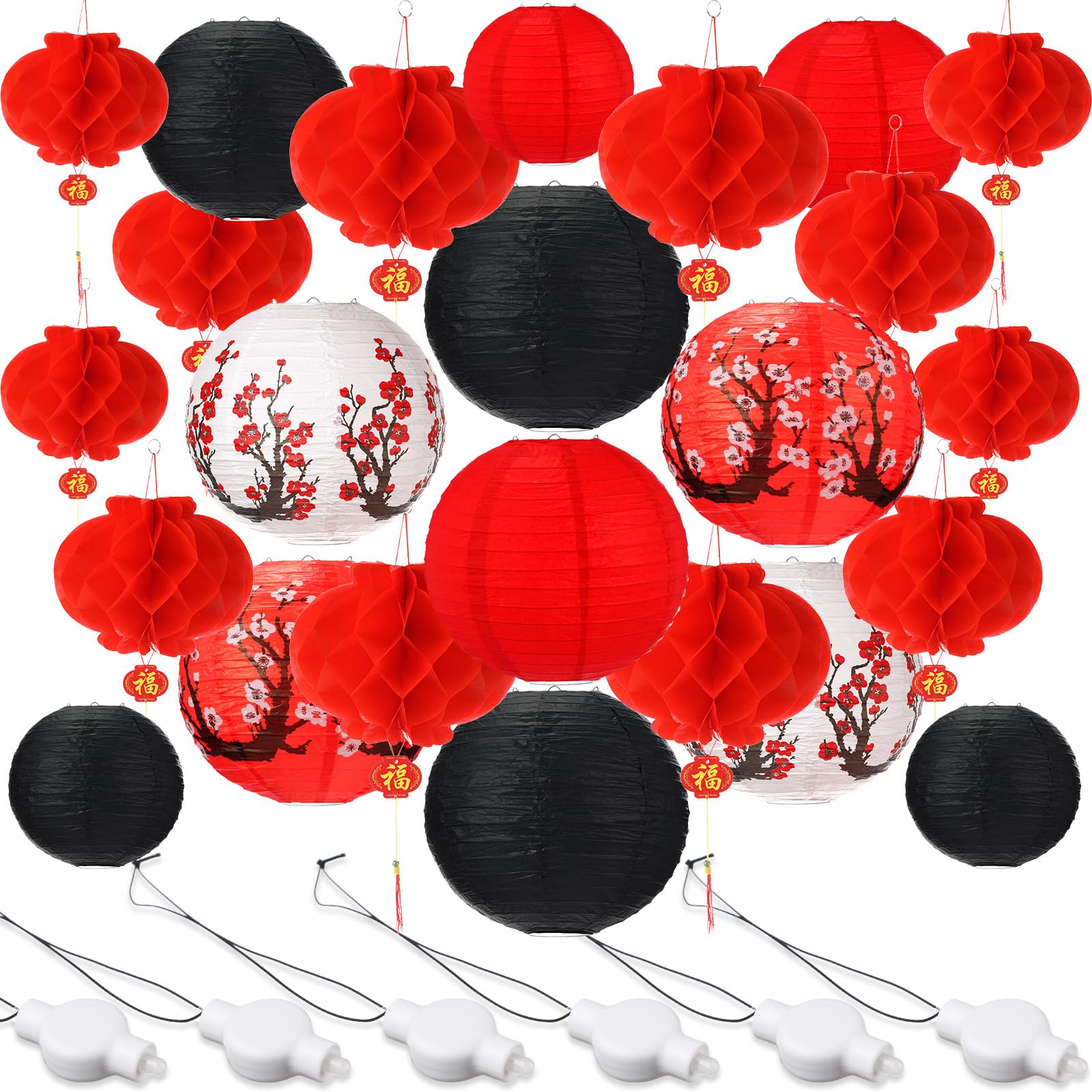 Tuanse LED Lanterns for Chinese New Year - 30 Pcs Multi Size Cherry Flower Paper Lights - Red, White, Black - Model ER-Tuanse-2612