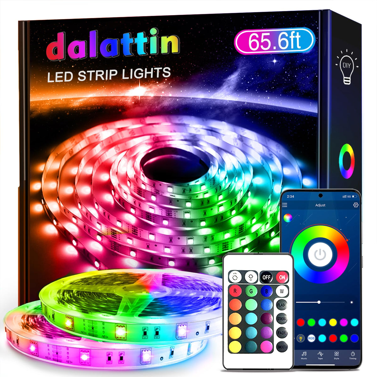 dalattin Led Strip Lights 65.6ft RGB 5050 Color Changing Led Lights for Bedroom Music Sync Smart App and Remote Control for Home