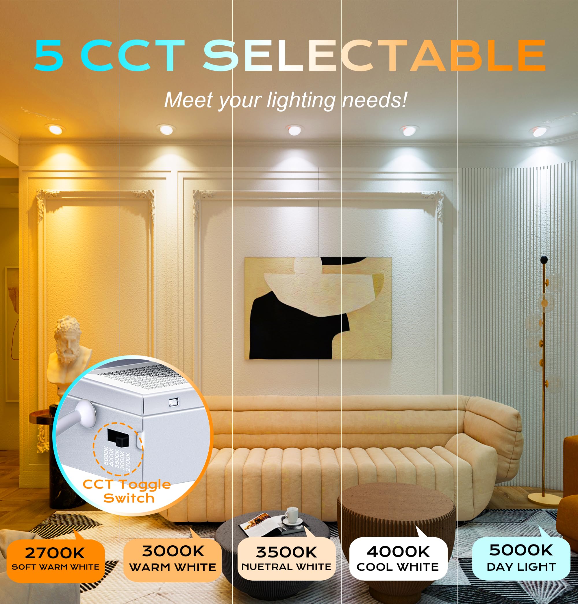 CLOUDY BAY 15W 6" LED Gimbal Recessed Light, 5 Color Temperature Selectable, IC Rated, Metal, Pack of 4