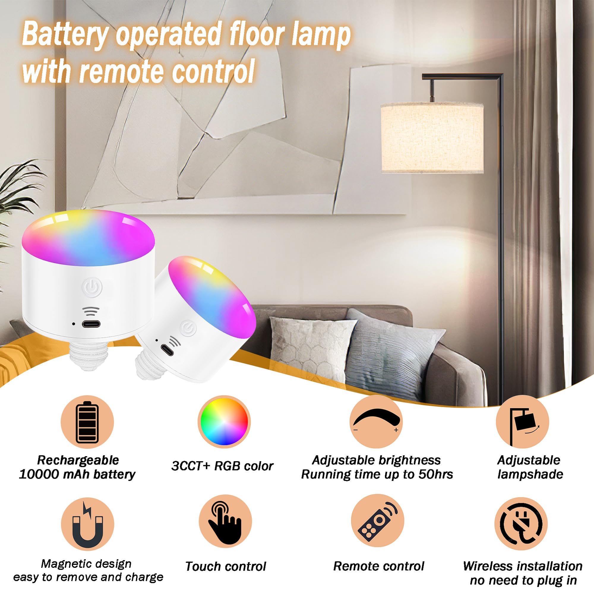 Nekhung Modern Battery Operated Floor Lamp Cordless for Living Room, 10000mAh RGB Dimmable Lamp with Remote Control Lighting tim