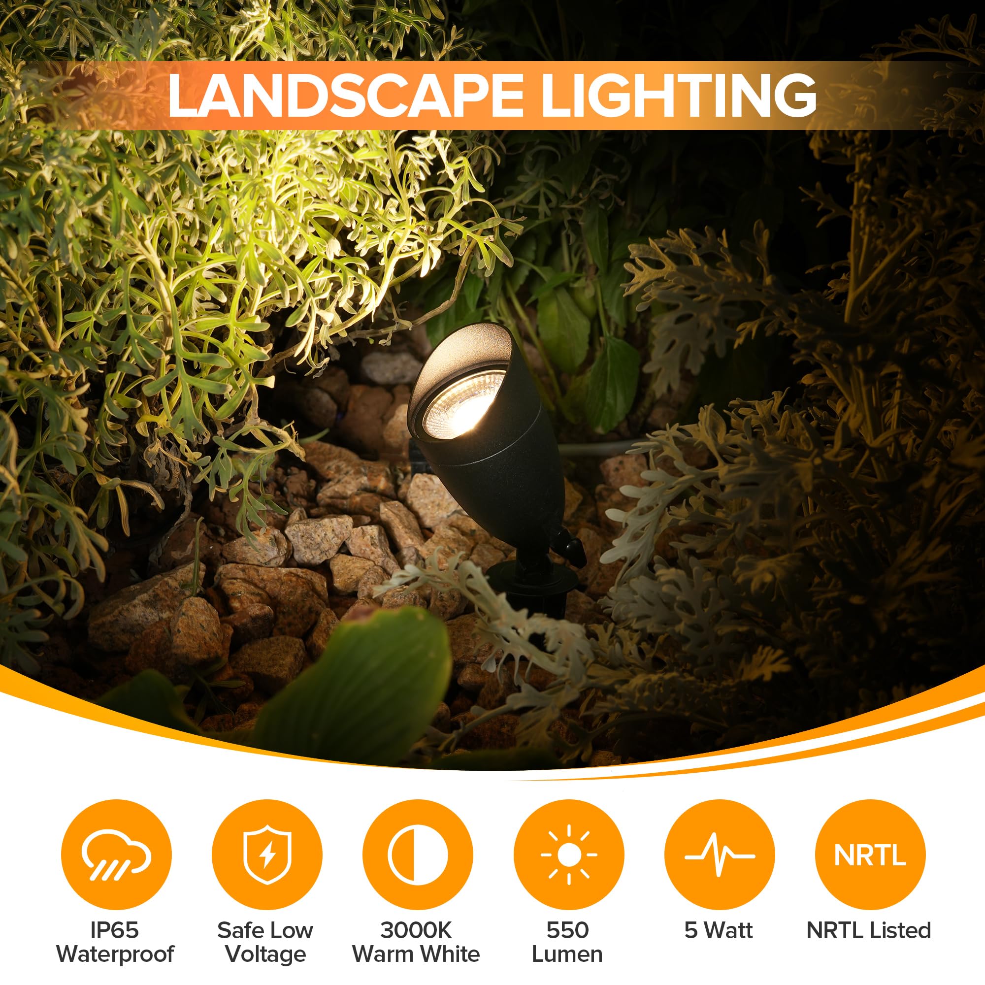 LUTEC 12V Low Voltage Aluminum Spot Lights, IP65 Waterproof, 5W 550LM, 3000K Warm White, 8 Pack