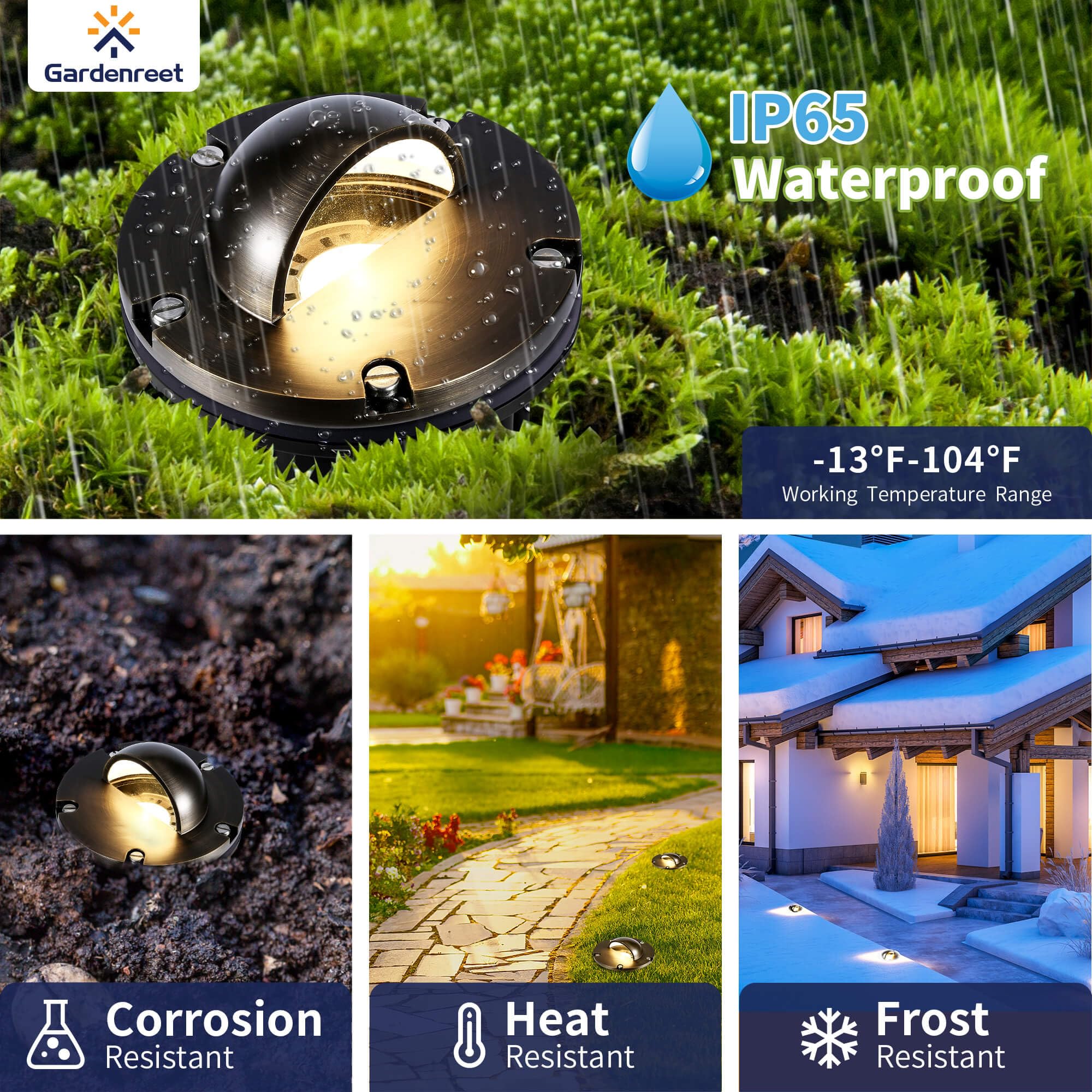 Gardenreet Brass Well Light - Waterproof 12V Ip65 In-Ground Landscape Lighting, Led Outdoor Replaceable Bulb Low Voltage Fixture