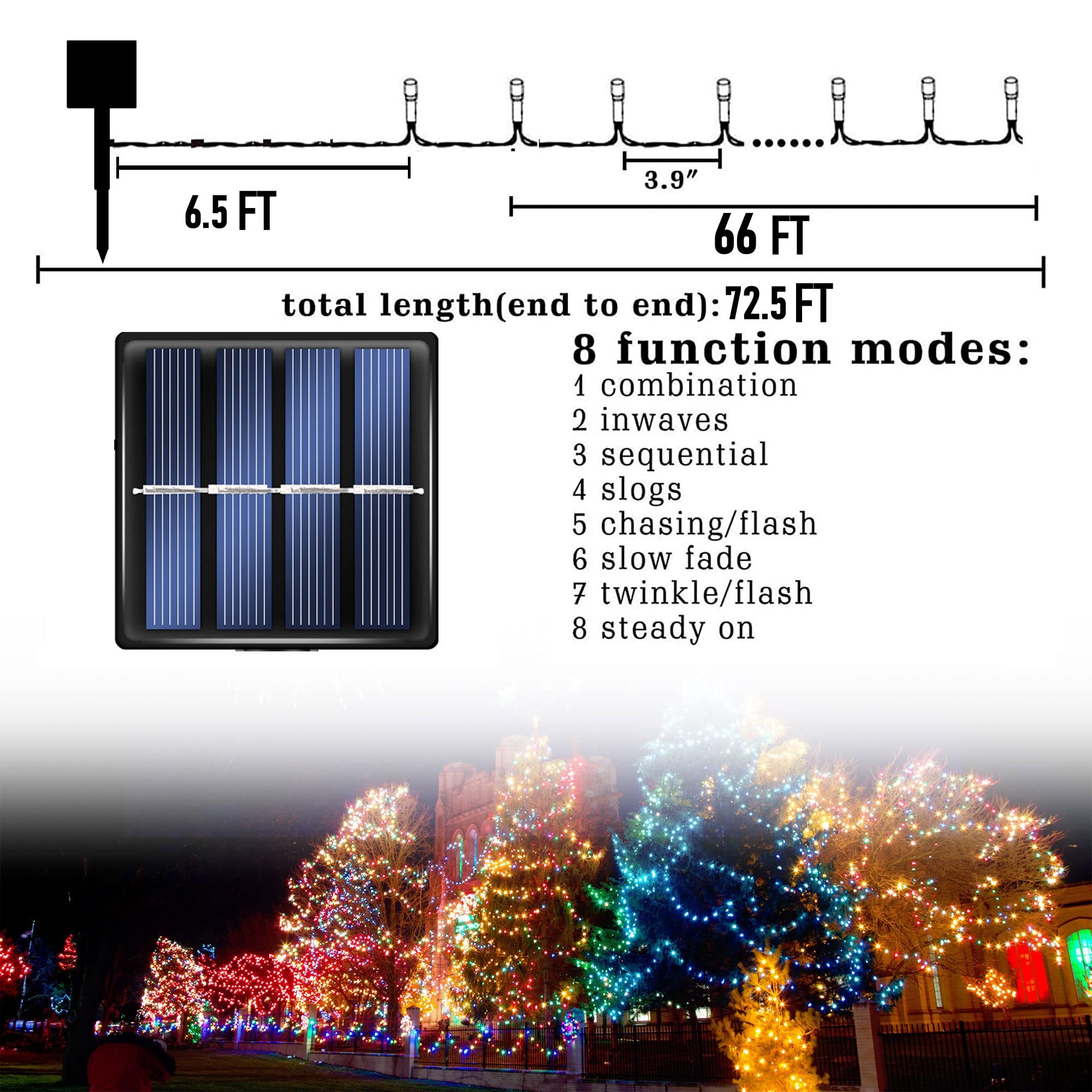 Dazzle Bright 200 LED Green Solar String Lights, 66 FT Waterproof Fairy Lights for Outdoor Patio Garden Decoration, 8 Modes