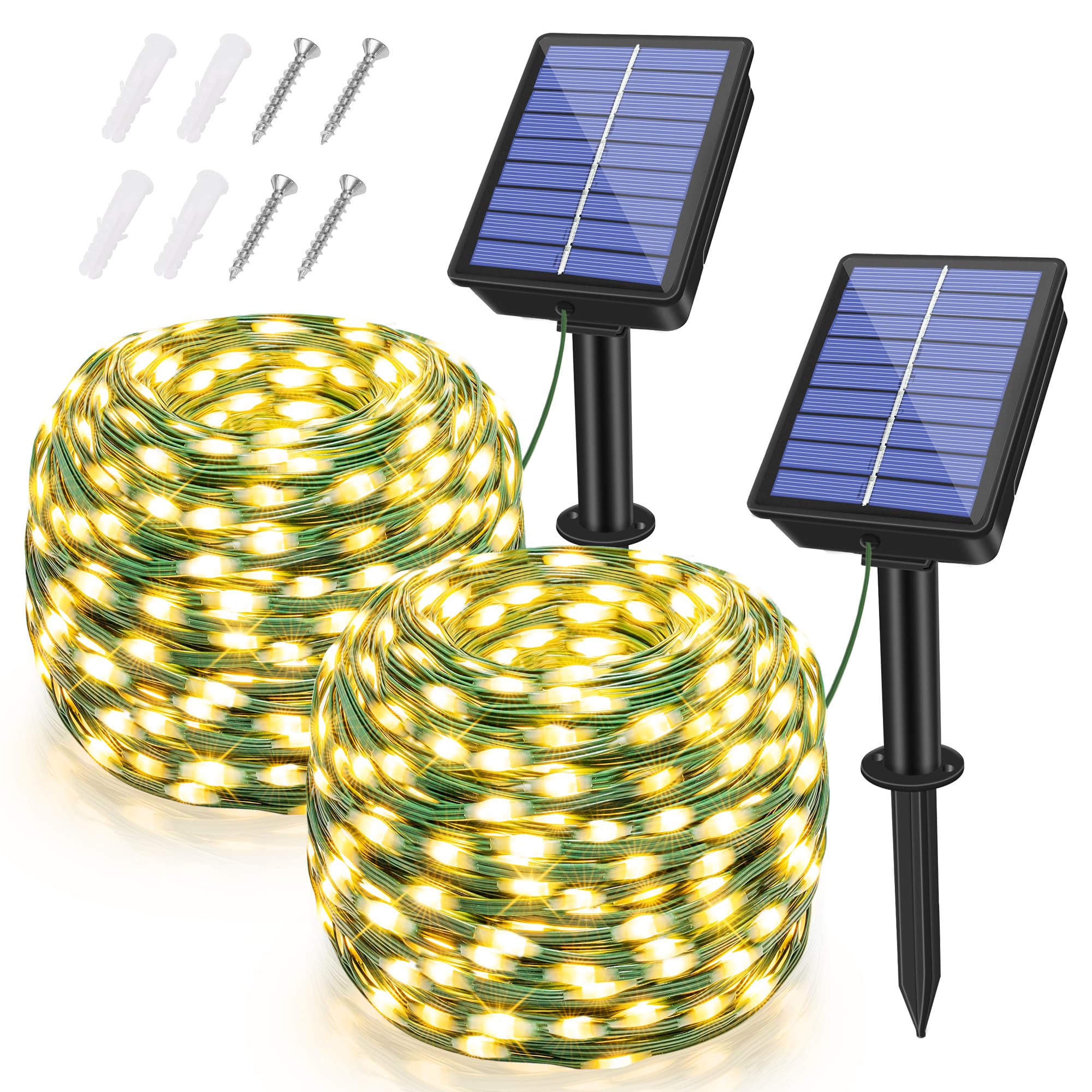 2 Pack Solar String Lights Total 480LED 158FT, IP67 Waterproof String Lights for Outside with 8 Modes, Upgraded Solar Panel Fair