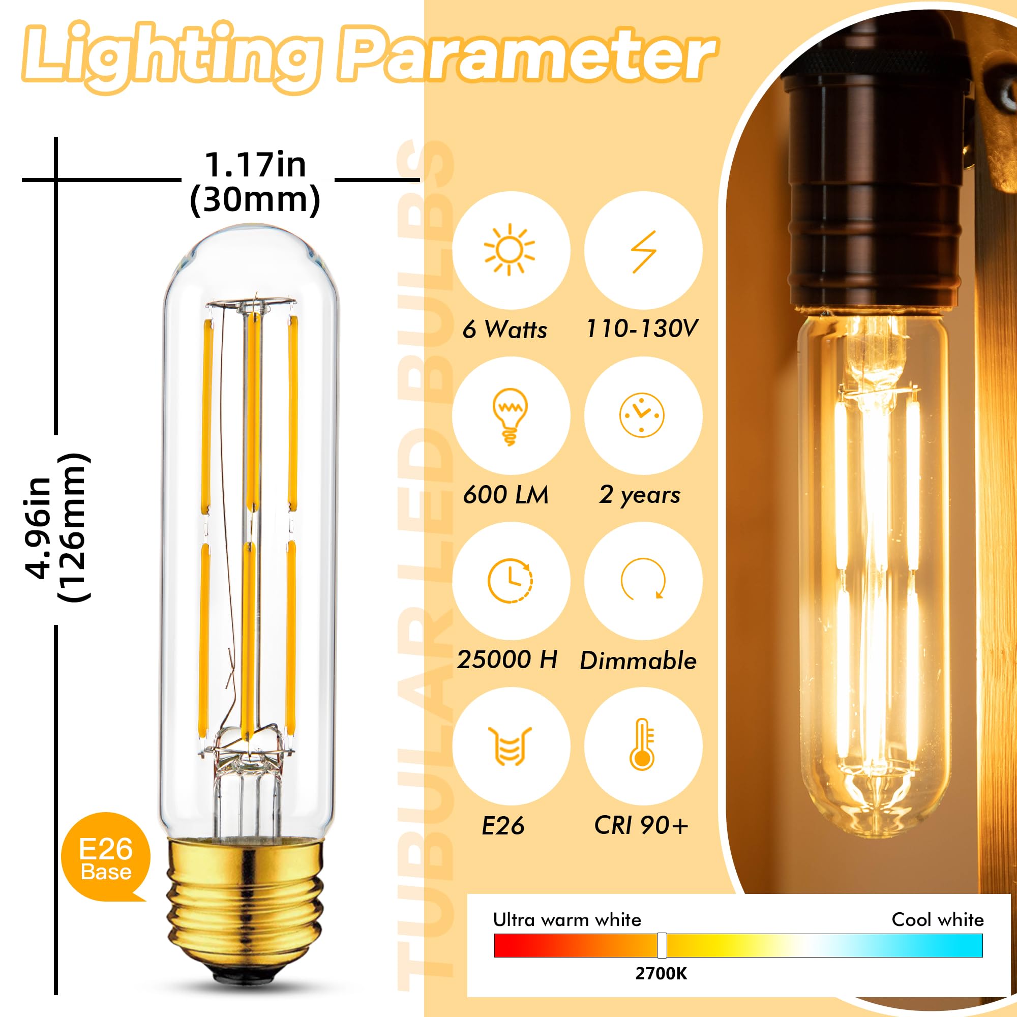 Grensk Tubular Led Light Bulbs 60 Watt,T10 E26 Tube Light Bulbs Dimmable 6W,Warm White 2700K Vintage Edison Led Filament Bulbs,6