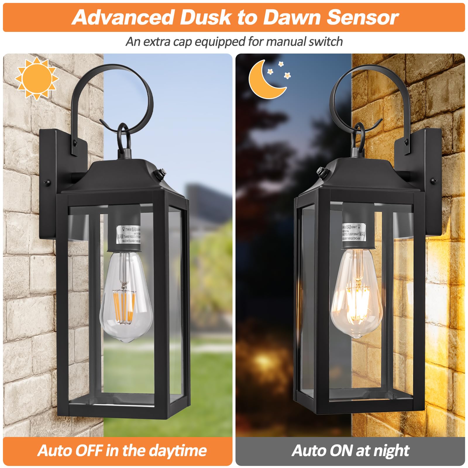 Yolsunes 15&quot; Dusk To Dawn Black Wall Lights 2 Pack, Waterproof Modern Outdoor Sconces