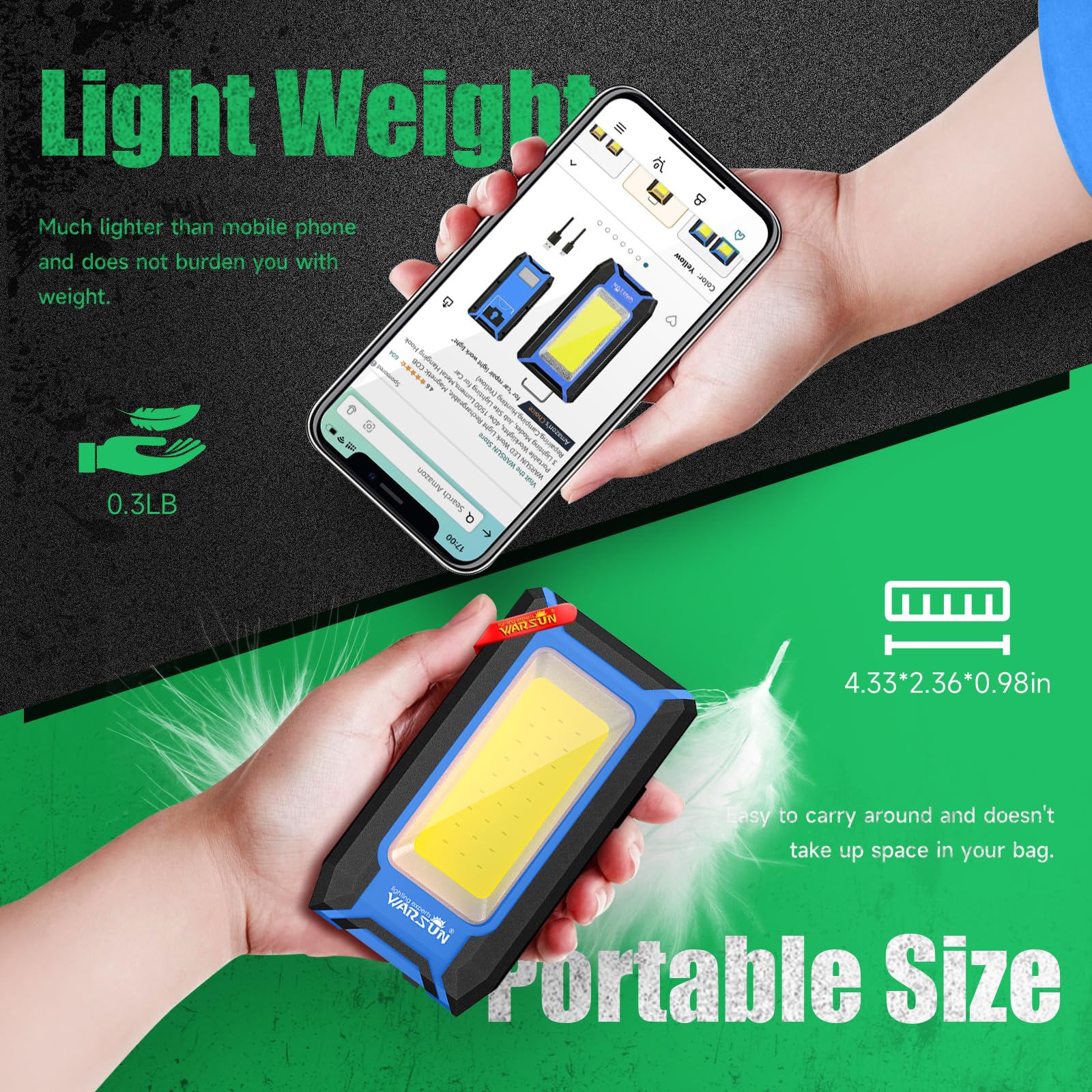 Warsun Led Work Light Rechargeable, Magnetic Cob Portable Worklights, 40W 1500 Lumens,Metal Hanging Hook 3 Lighting Modes, Job Site Lighting For Car Repairing,Camping,Hunting Repairing (Blue1)