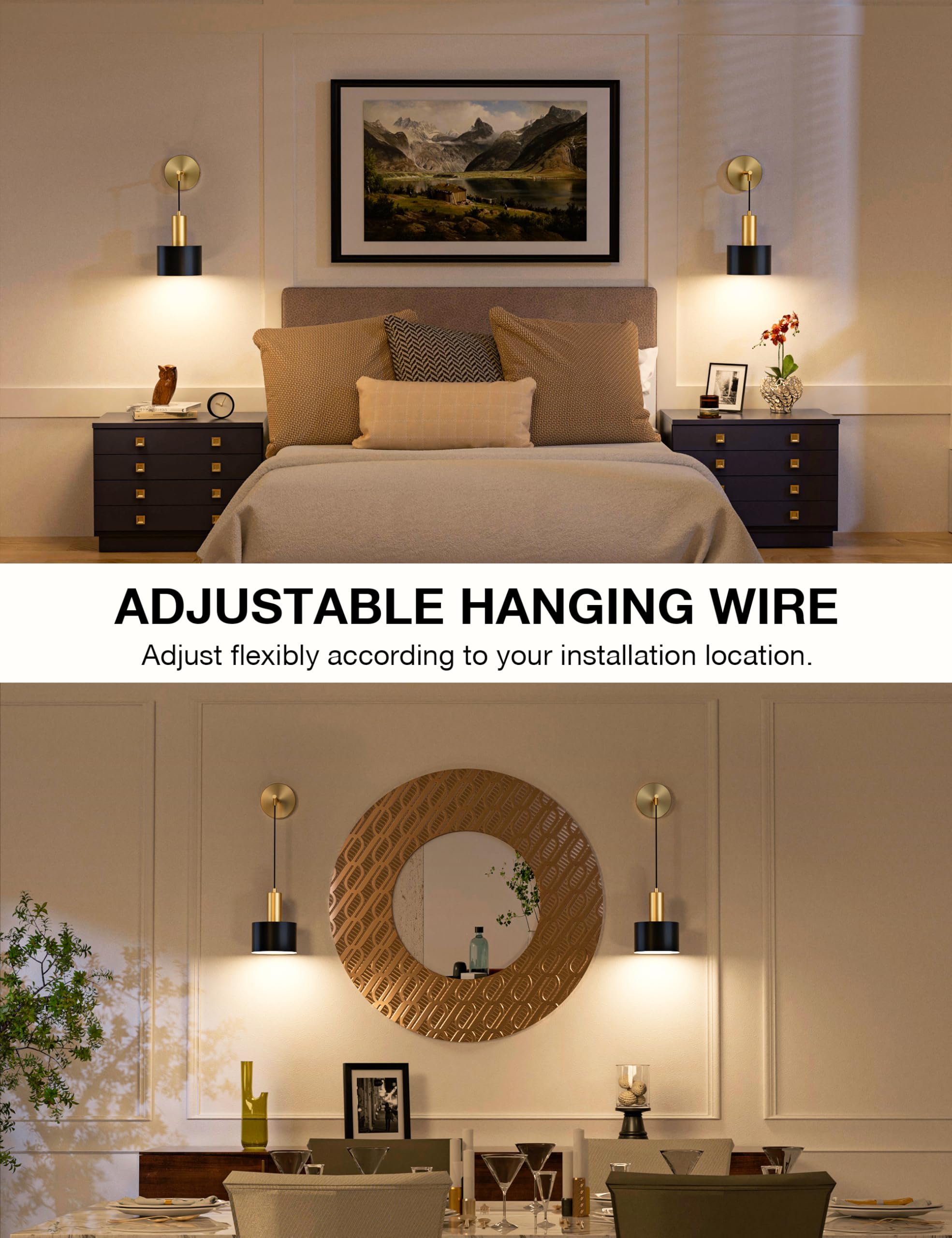 Niorsun Battery Operated Wall Sconce Set Of 2, Gold & Black Wireless Rechargeable Wall Lights With 5200Mah Dimmable Detachable B