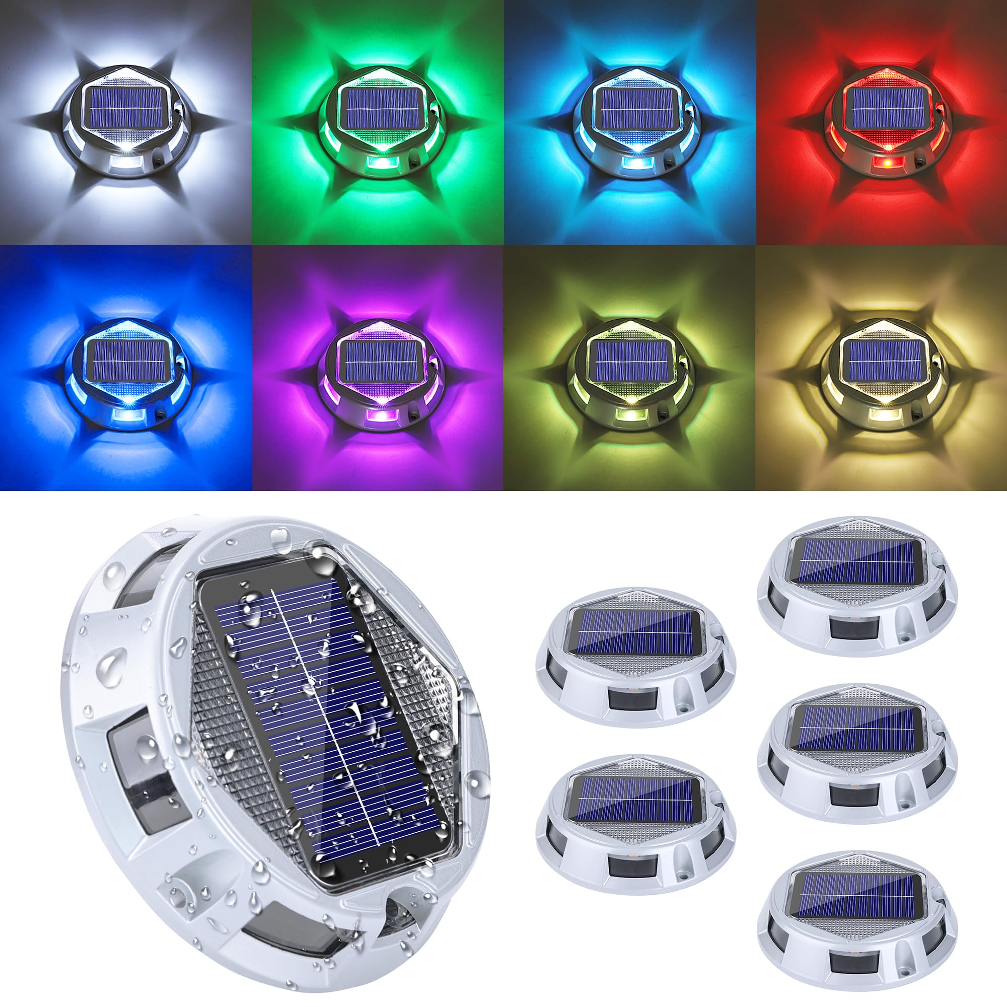 Solar Deck Light Outdoor, 6 Pack 9 Colors in 1 Solar Driveway Dock Lights, IP67 Waterproof Solar Powered Outdoor Light, RGB Step