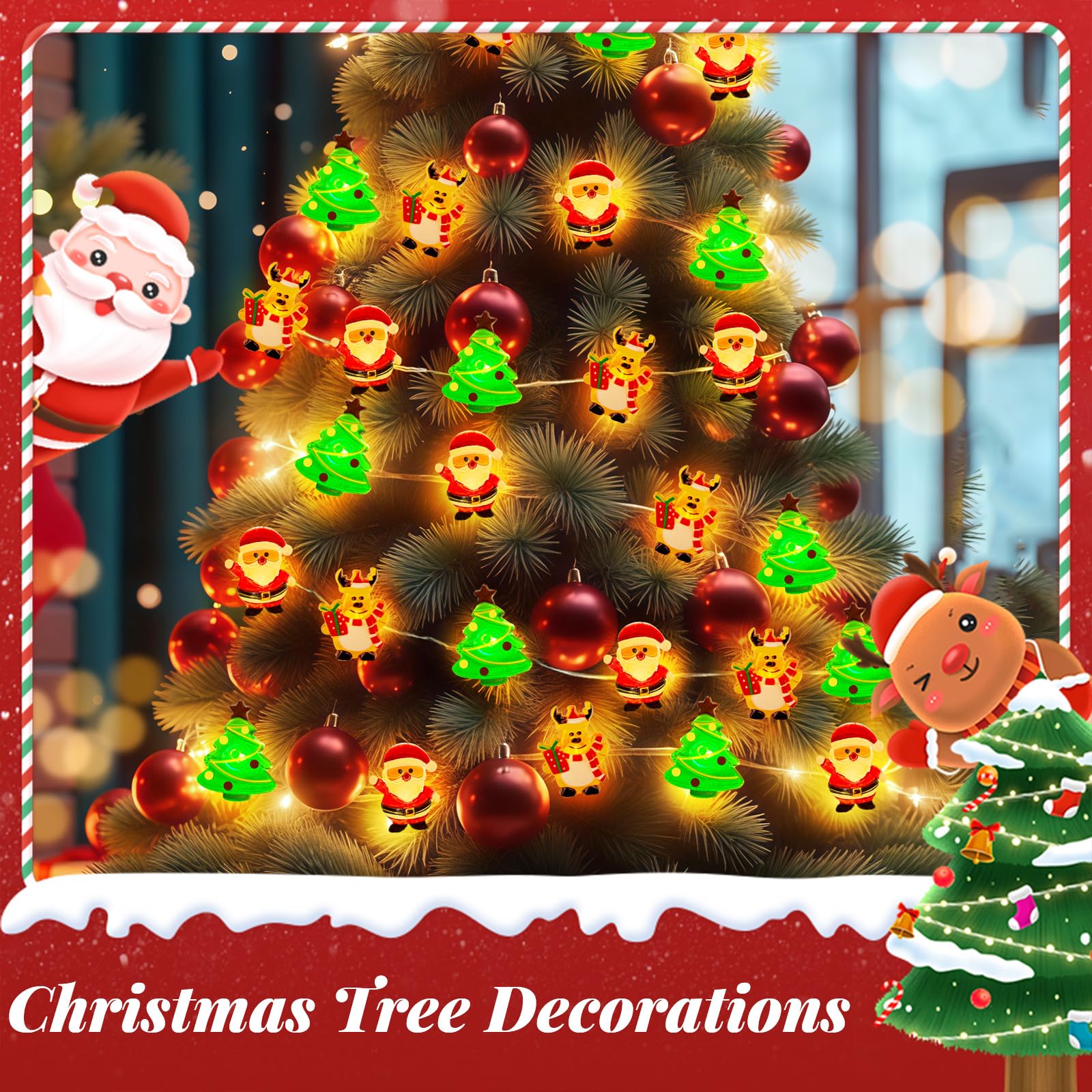 Aogist 50Led Christmas Fairy Lights - 16Ft Super Bright 3D Santa Claus Christmas Tree Deer String Lights Battery Operated Decor For Indoor/Outdoor Party Home Bedroom Yard Windows Doors Winter Decor