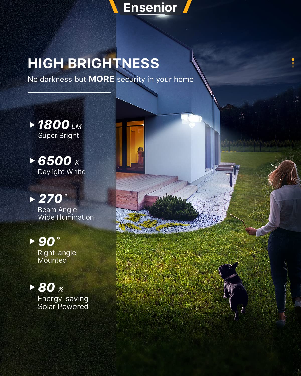 Ensenior 5 Motion Sensor Solar Security Light, 1800LM, 3 Heads, IP65 Waterproof, White, Model AQ1-SOL-WH, 1 Pack