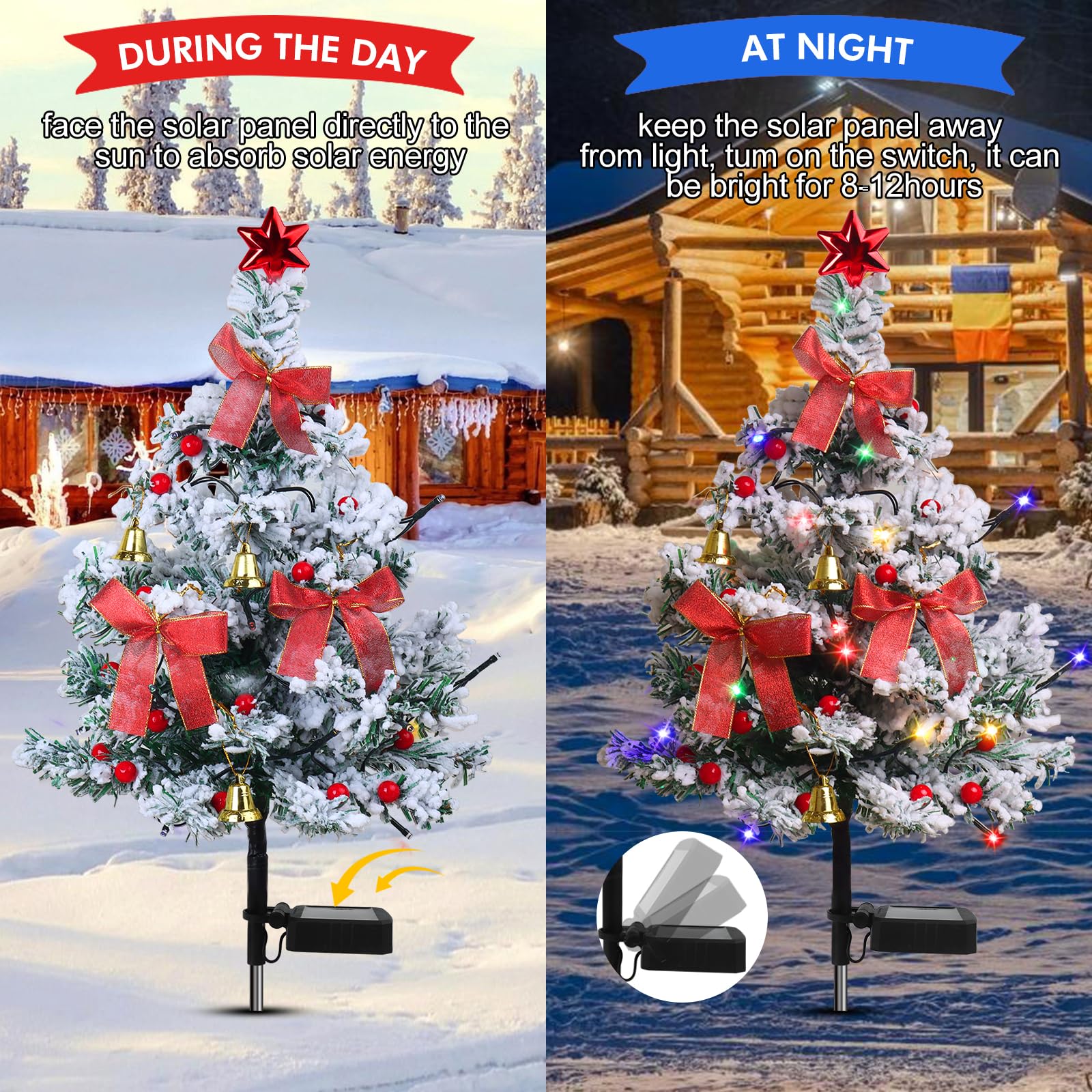Solar Christmas Trees Decorations, 2 Pack Solar Powered Xmas Tree Lights, Pathway Lights With Multi-Color Lights Waterproof For