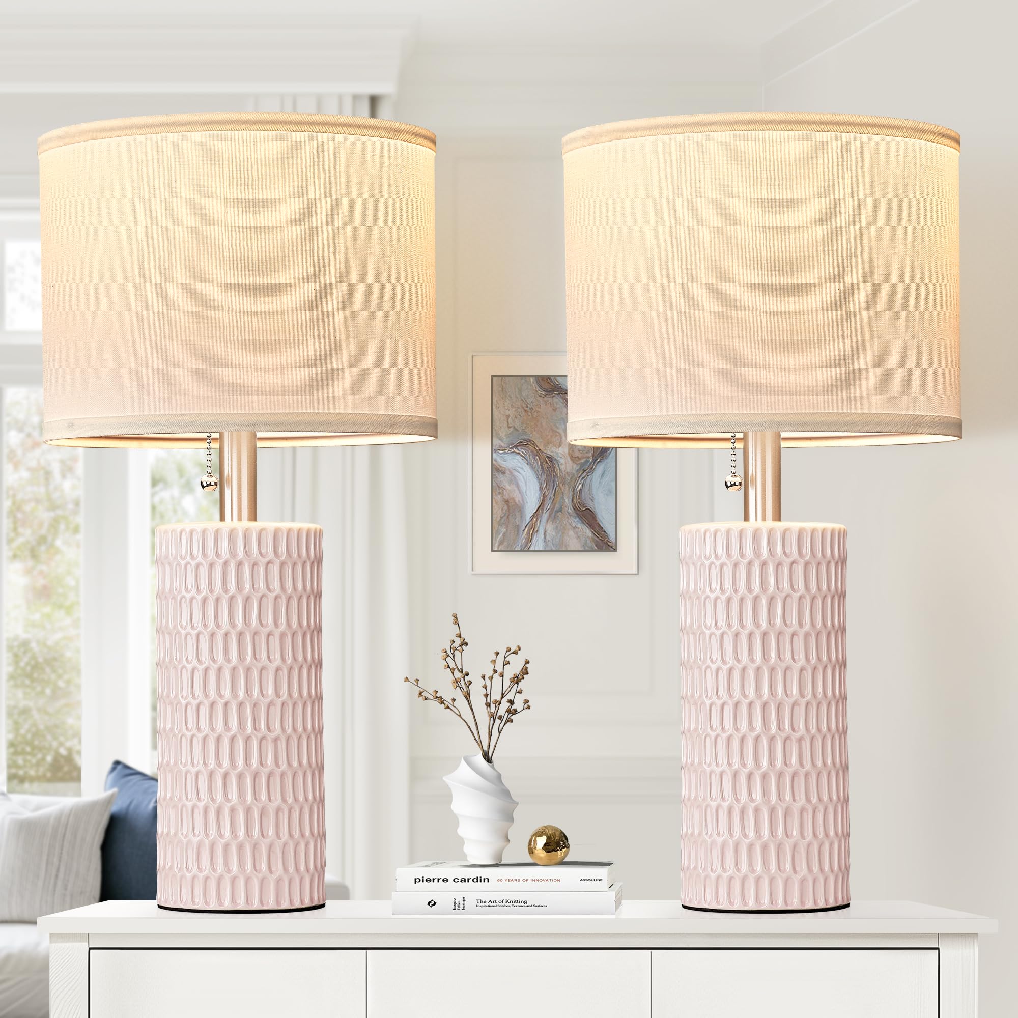 Reaketon Table Lamps Set of 2, 20in Ceramic Modern Lamps for Bedroom, Pink, Model 102-1TPNK