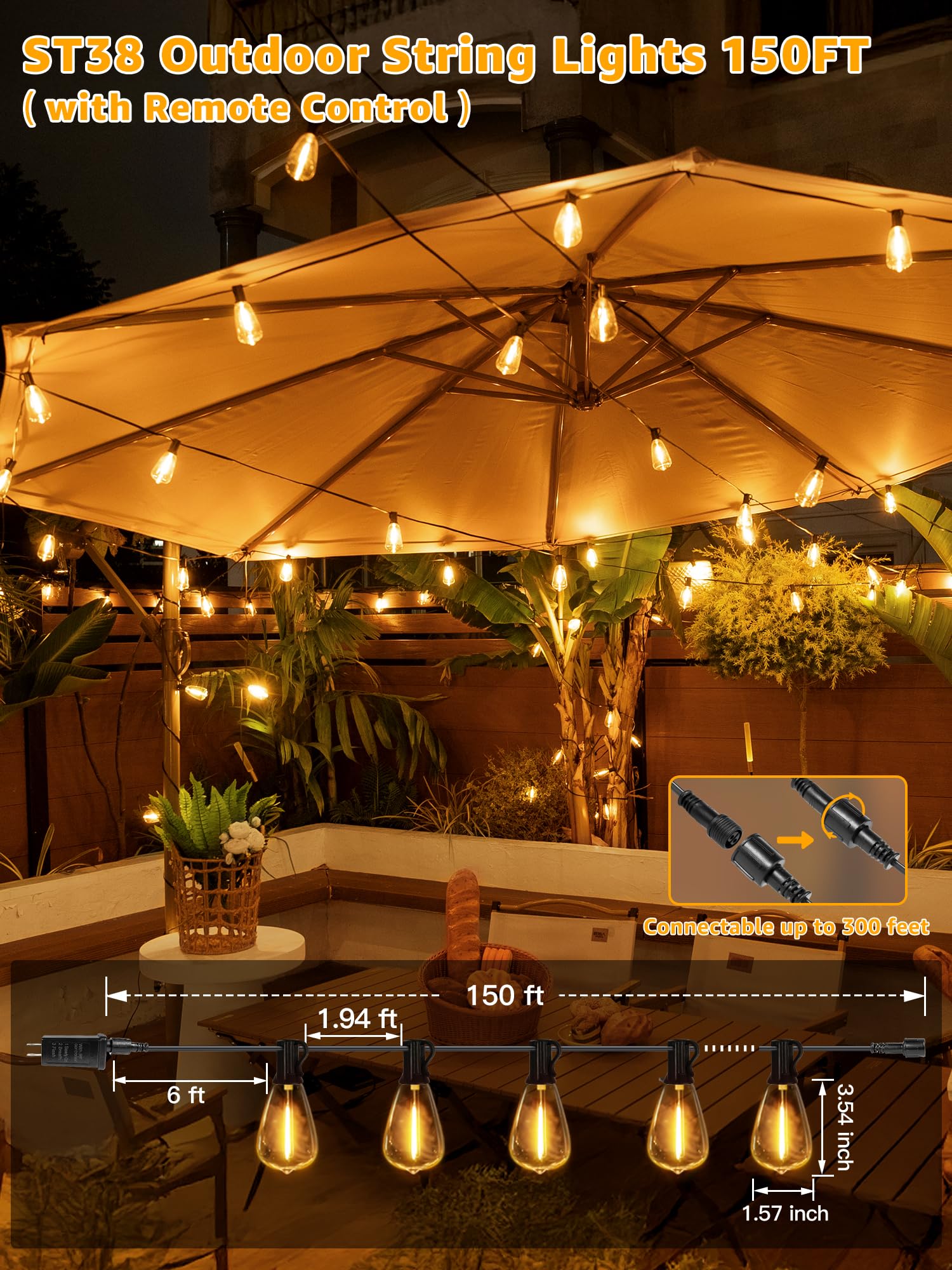 Outdoor String Lights Dimmable With Remote, 150 Ft Outdoor Lights With 2 Timer And 3 Mode, Waterproof & Shatterproof Patio Light