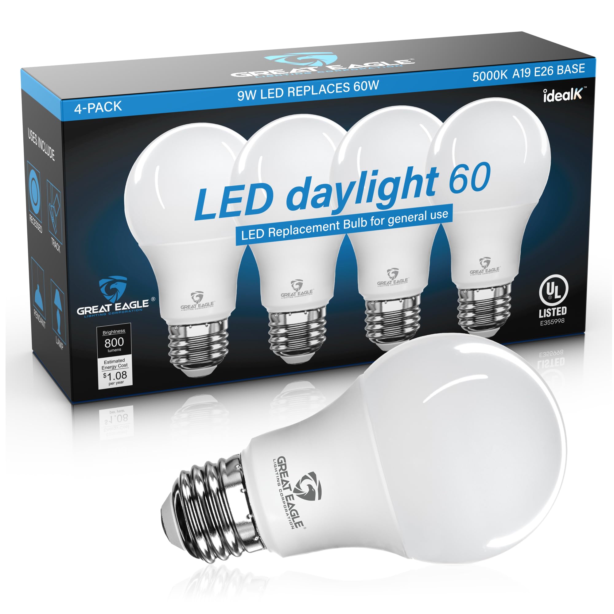 Great Eagle A19 LED Light Bulbs - 60W Equivalent, 9W Non-Dimmable, 800 Lumens, Daylight 5000K, 4 Count