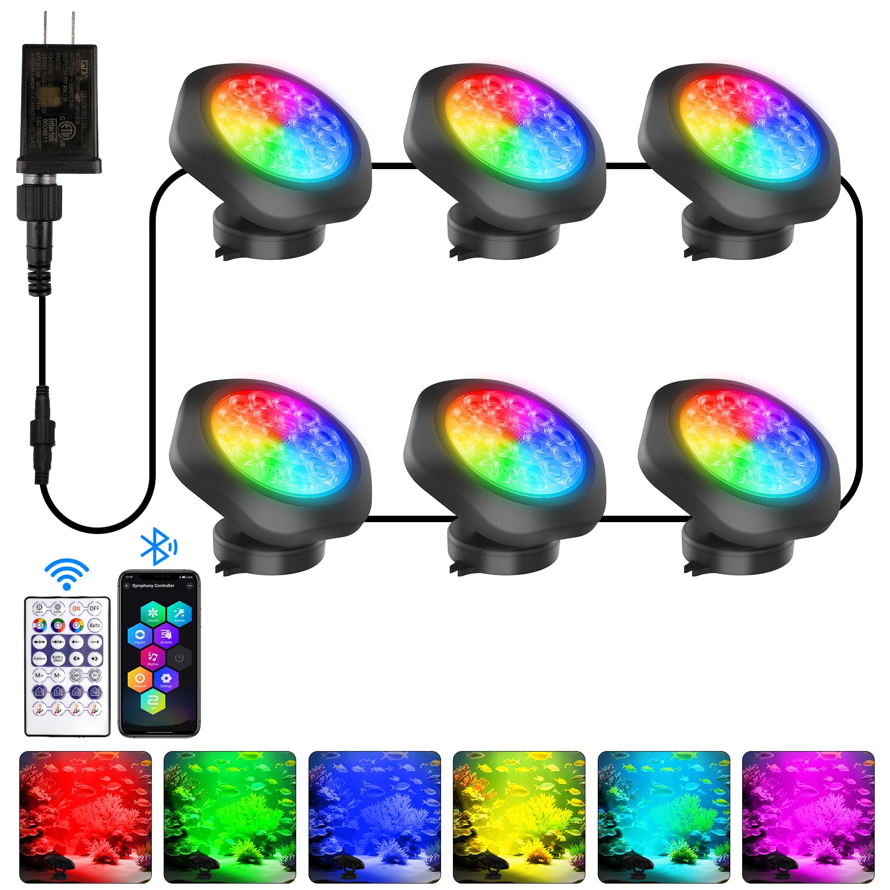 T-SUN Colored Pond Lights – LED Submersible Fountain Lights, IP68 Waterproof, Set of 6, Multicolor, Model TS-F2230