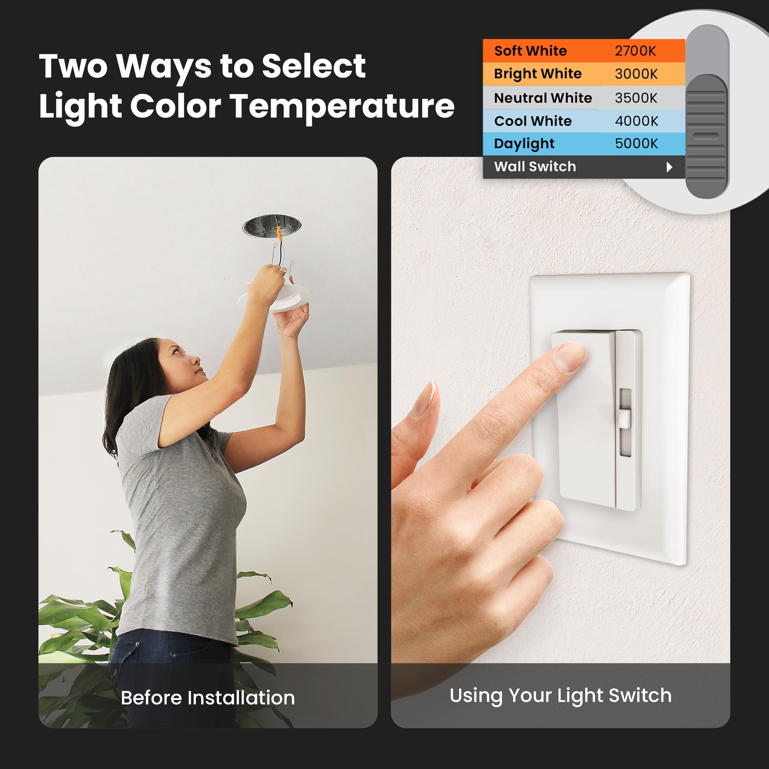Feit Electric LED Canless Recessed Downlights, Dimmable 65W Replacement, 850 Lumens, 5CCT Selectable, 6 Pack, 90 CRI,