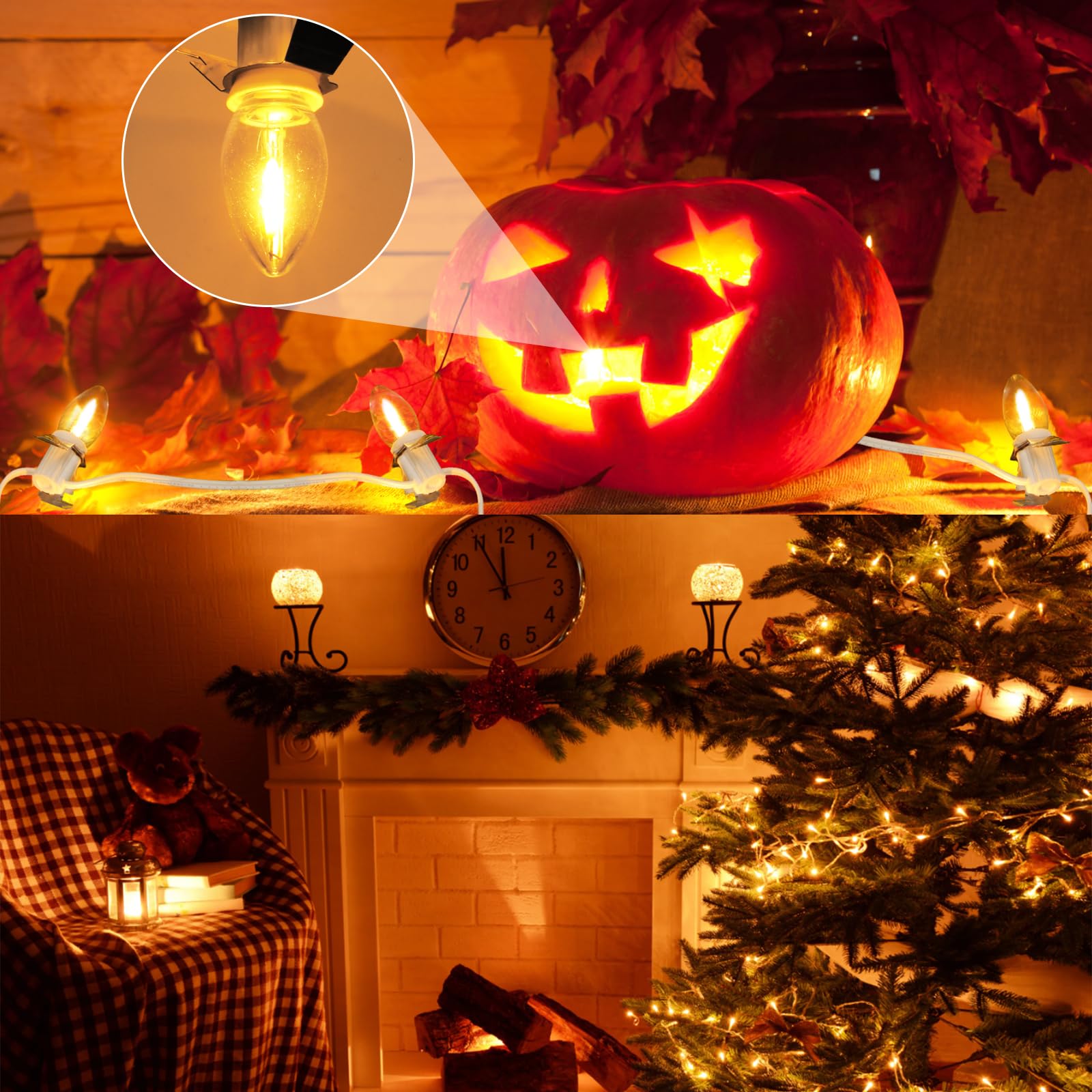 Sousery Christmas Village Lights - 10 LED Warm-White Bulbs, C7 Light Cord for Holiday Decorations, Model DP-3315, White