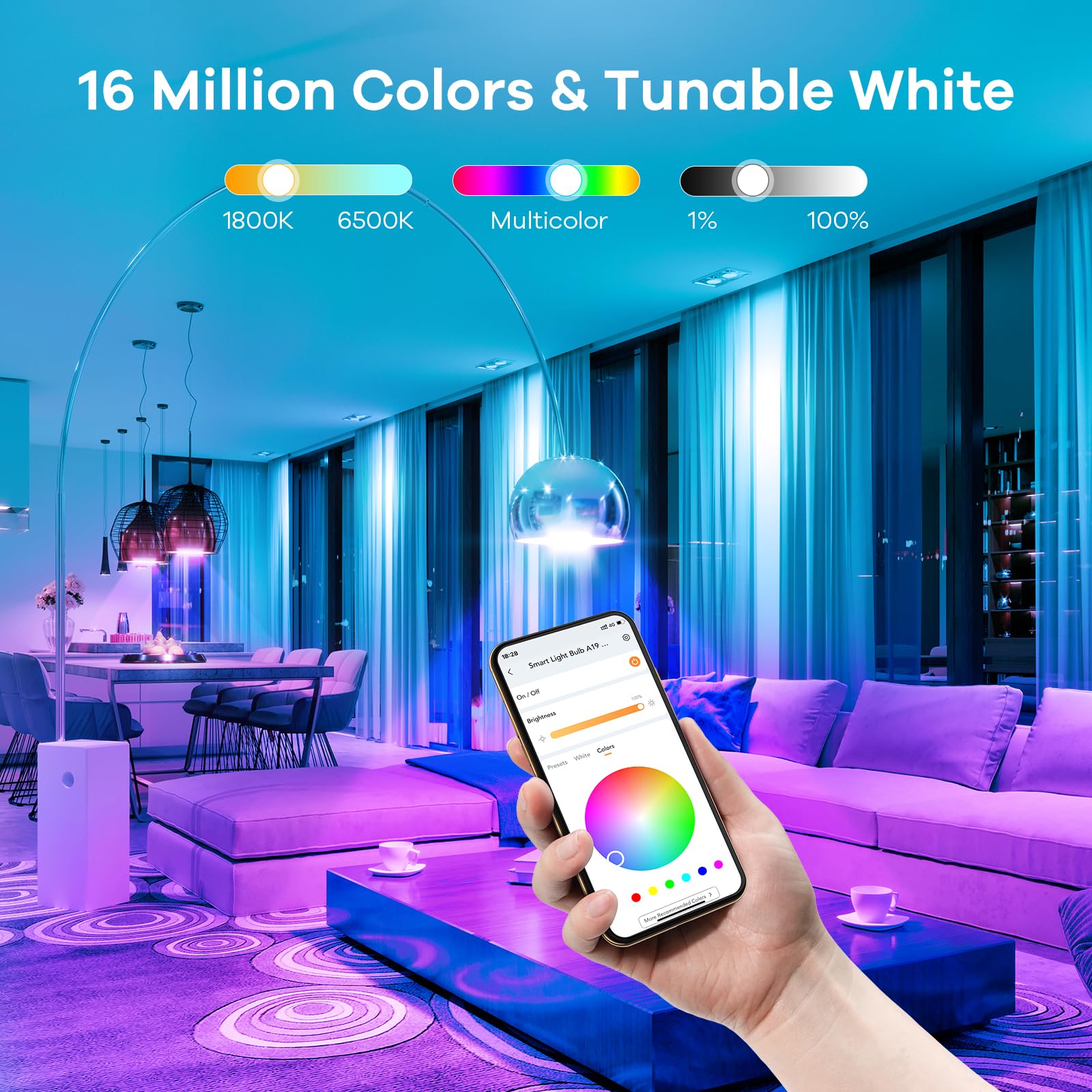 Linkind Smart WiFi Light Bulbs, Color Changing A19 E26 Dimmable, 800 Lumen, 6 Pack, Multi-colored, No Hub Needed, Works with Alexa & Google Home
