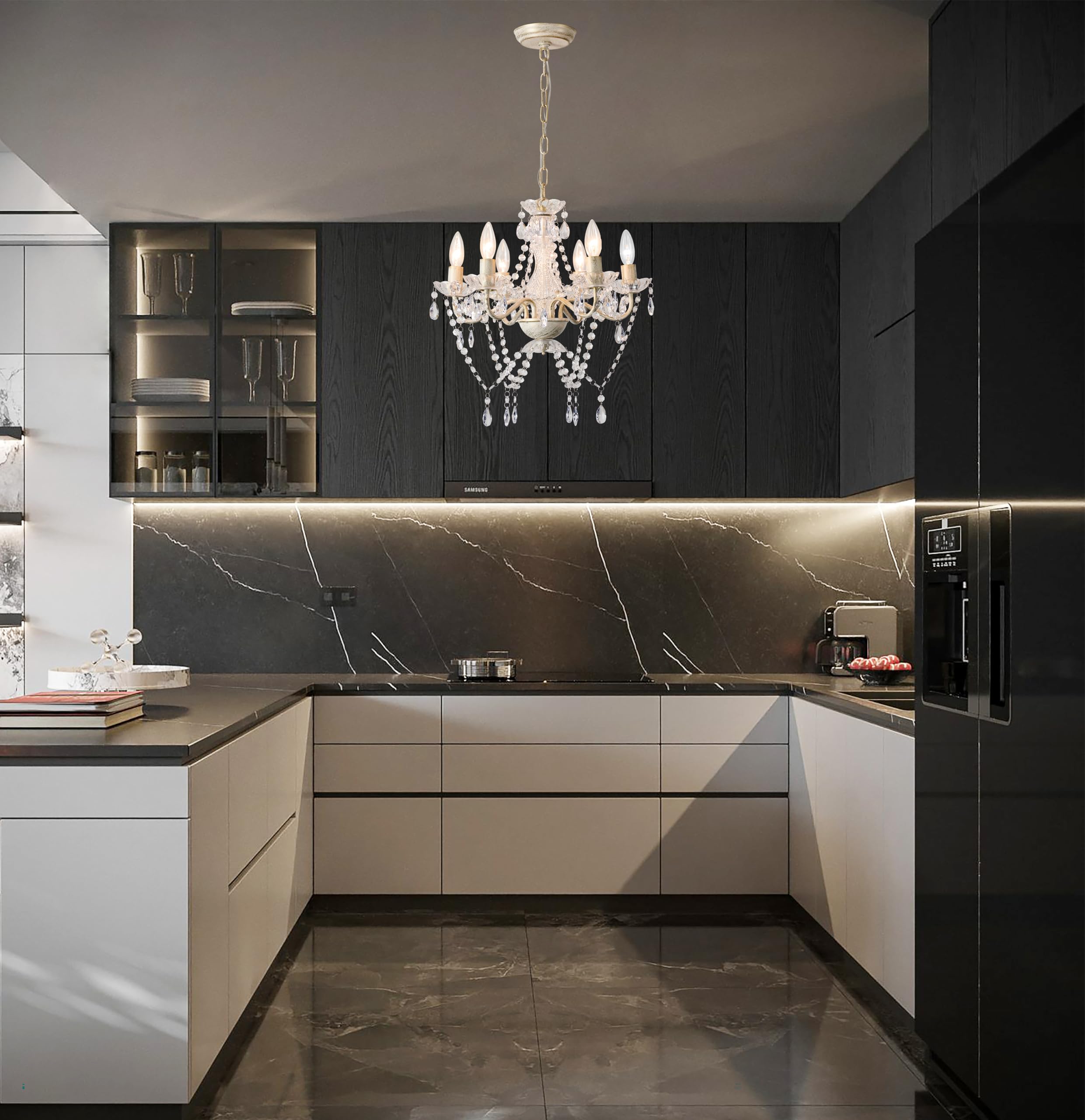 Mr.Color White And Gold Modern Crystal Chandelier - 6 Light For Dining Room And Bedroom