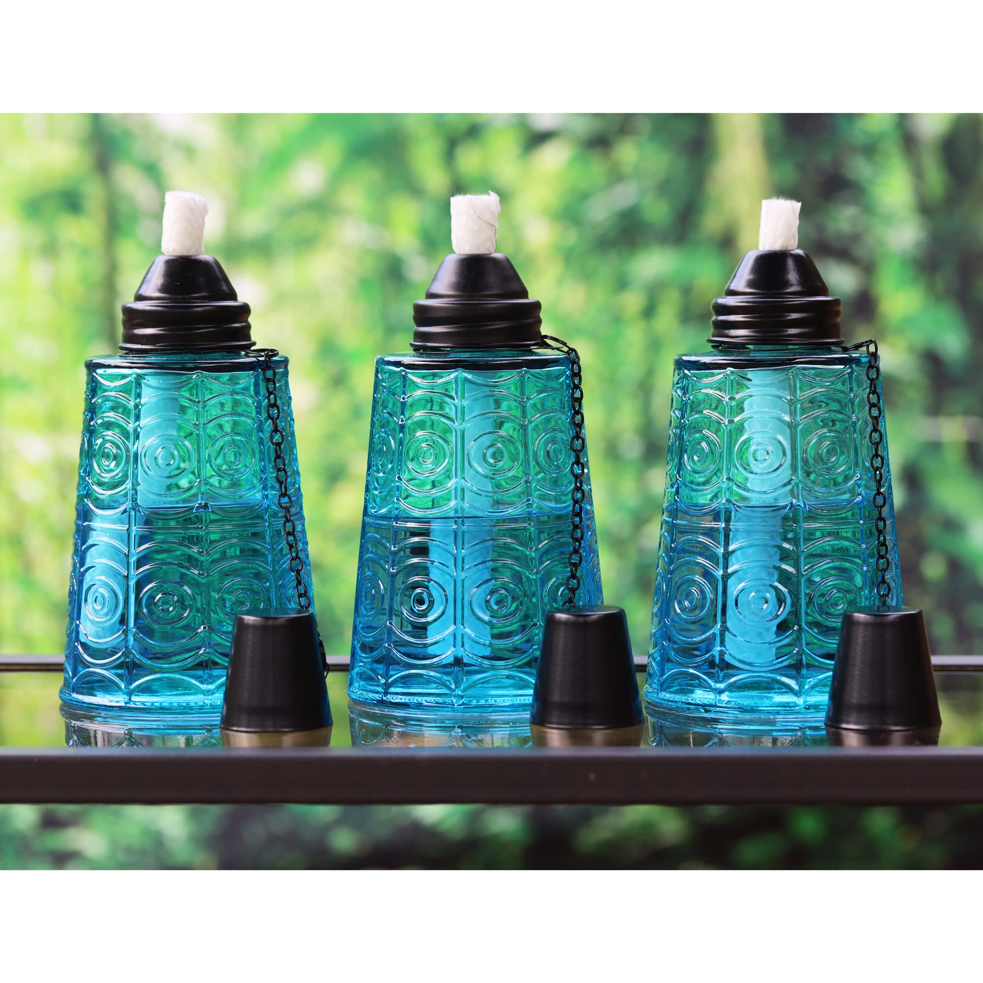 Seraphic Citronella Table Top Torches, Set of 3, 16oz Glass Candles for Outdoor Use, Blue