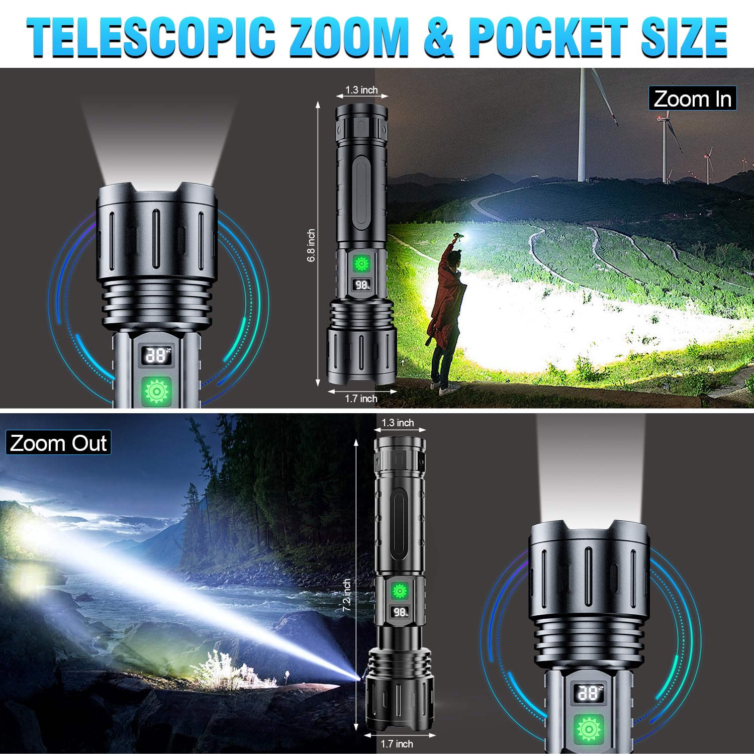 Rechargeable Flashlights High Lumens - 2000 Lumens Long Beam Super Bright Led Flash Light With Power Display & Ipx5 Waterproof For Camping  20H Runtime 5 Modes Zoomable Handheld Flashlight 3Pcs