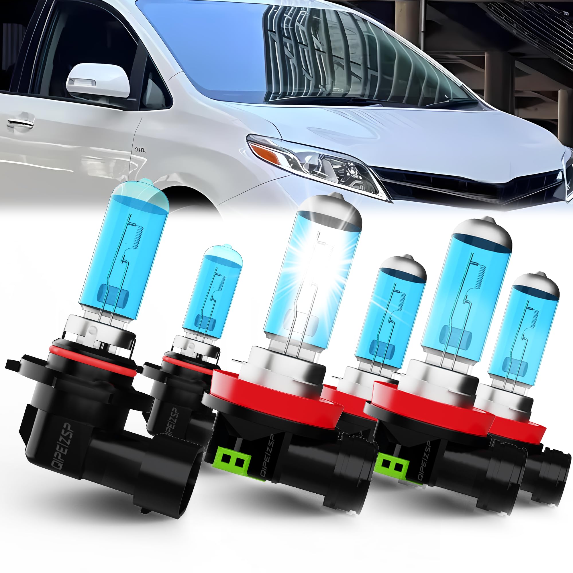 QIPEIZSP compatible with Toyota Sienna 2011-2020 Lights Headlights Bulbs, 9005/HB3/H10 High Beam + H11/H8/H9 Low Beams Halogen H