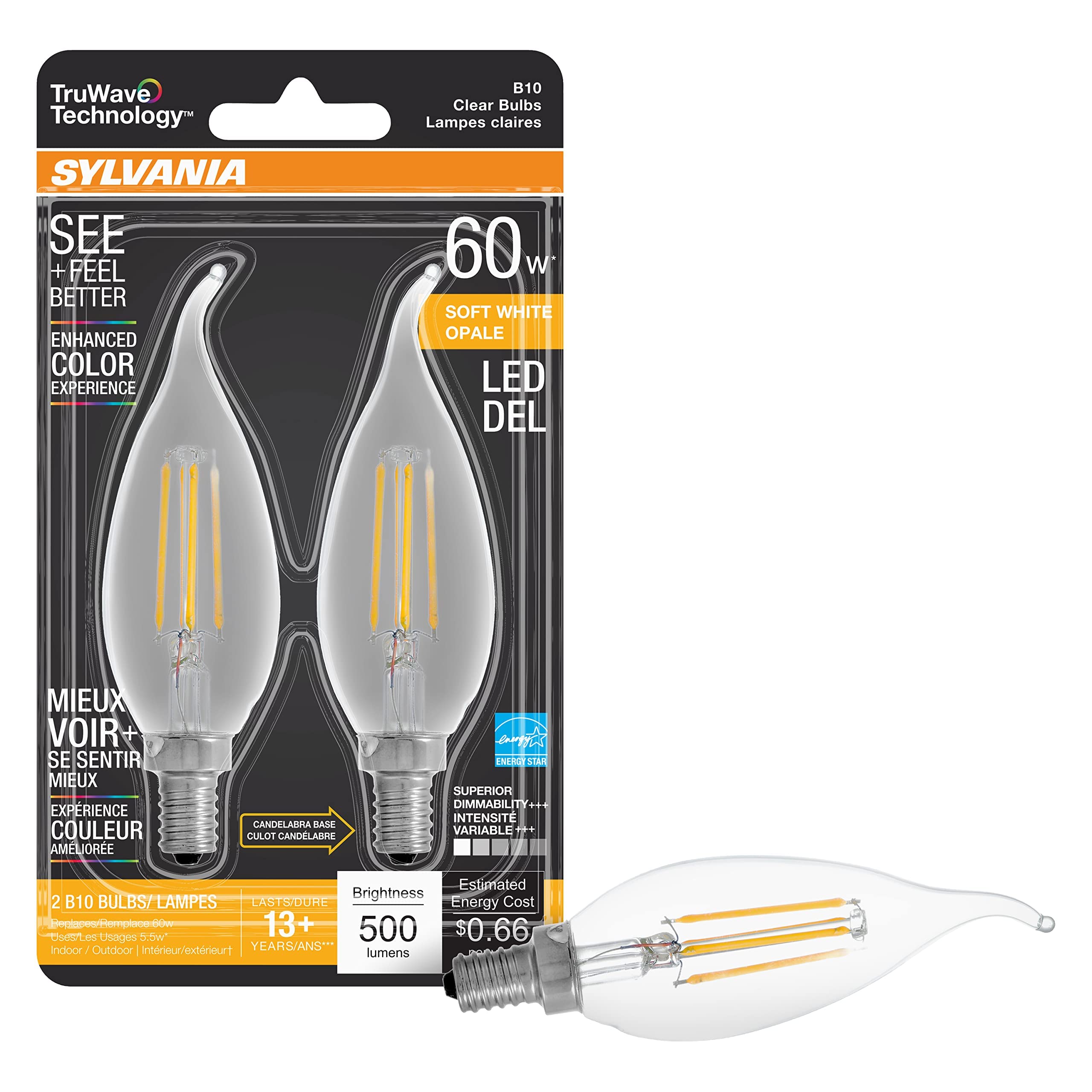 SYLVANIA LED TruWave 60W Equivalent Candelabra Bulb, Dimmable, 5.5W, 500 Lumens, Soft White, Clear, 2 Pack, Model