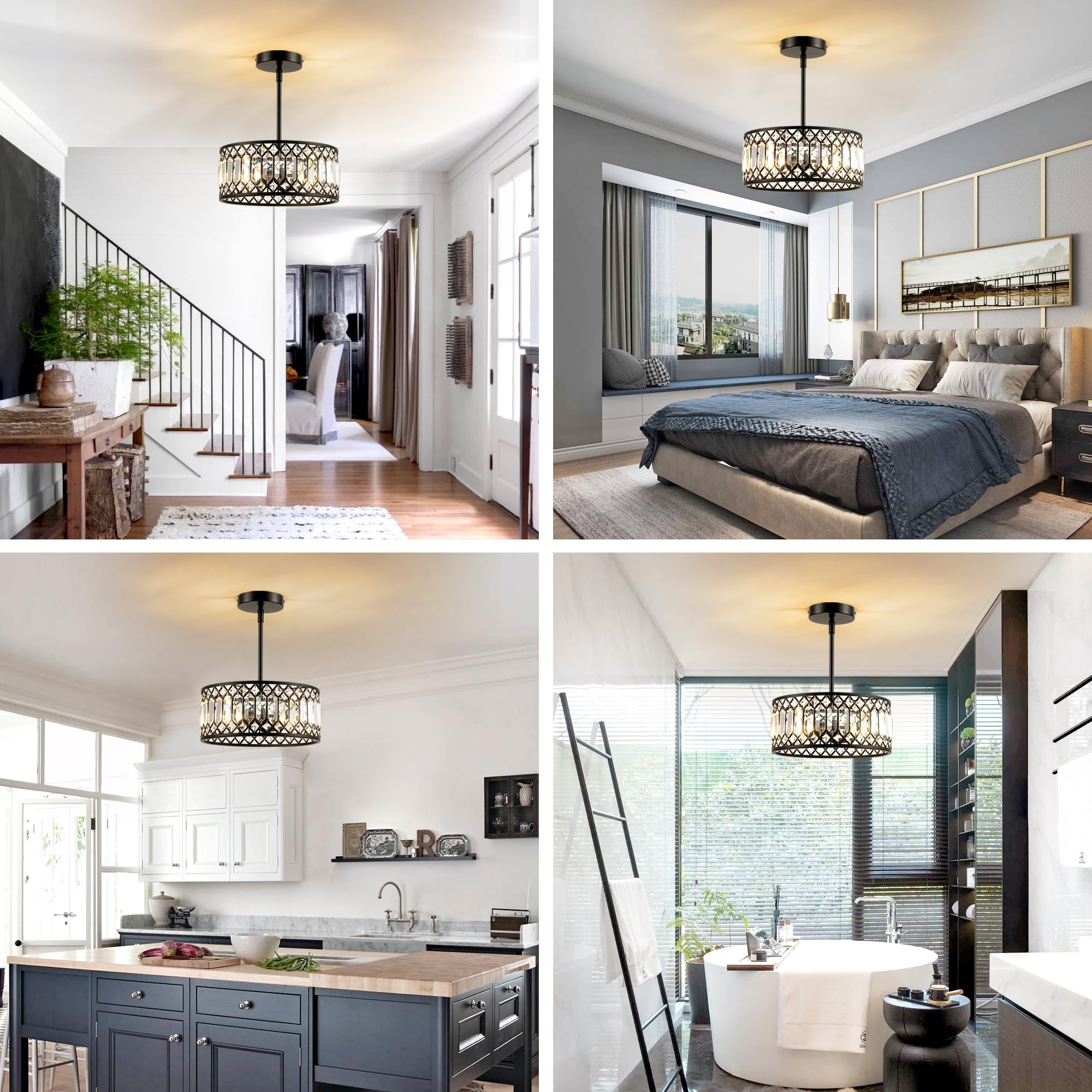 Rpzloila 2-Light Crystal Ceiling Light Fixture, Modern Semi Flush Mount Ceiling Light, Black Crystal Chandelier For Kitchen Bedr