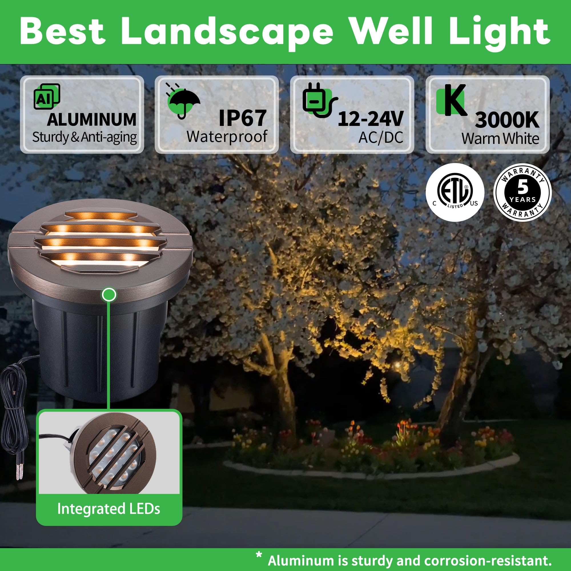 Varmtalys Low Voltage Well Lights Led, 12V In-Grade Landscape Lights, Outdoor Ip67 Waterproof, 6'' Wired Grated Top Aluminum Orb