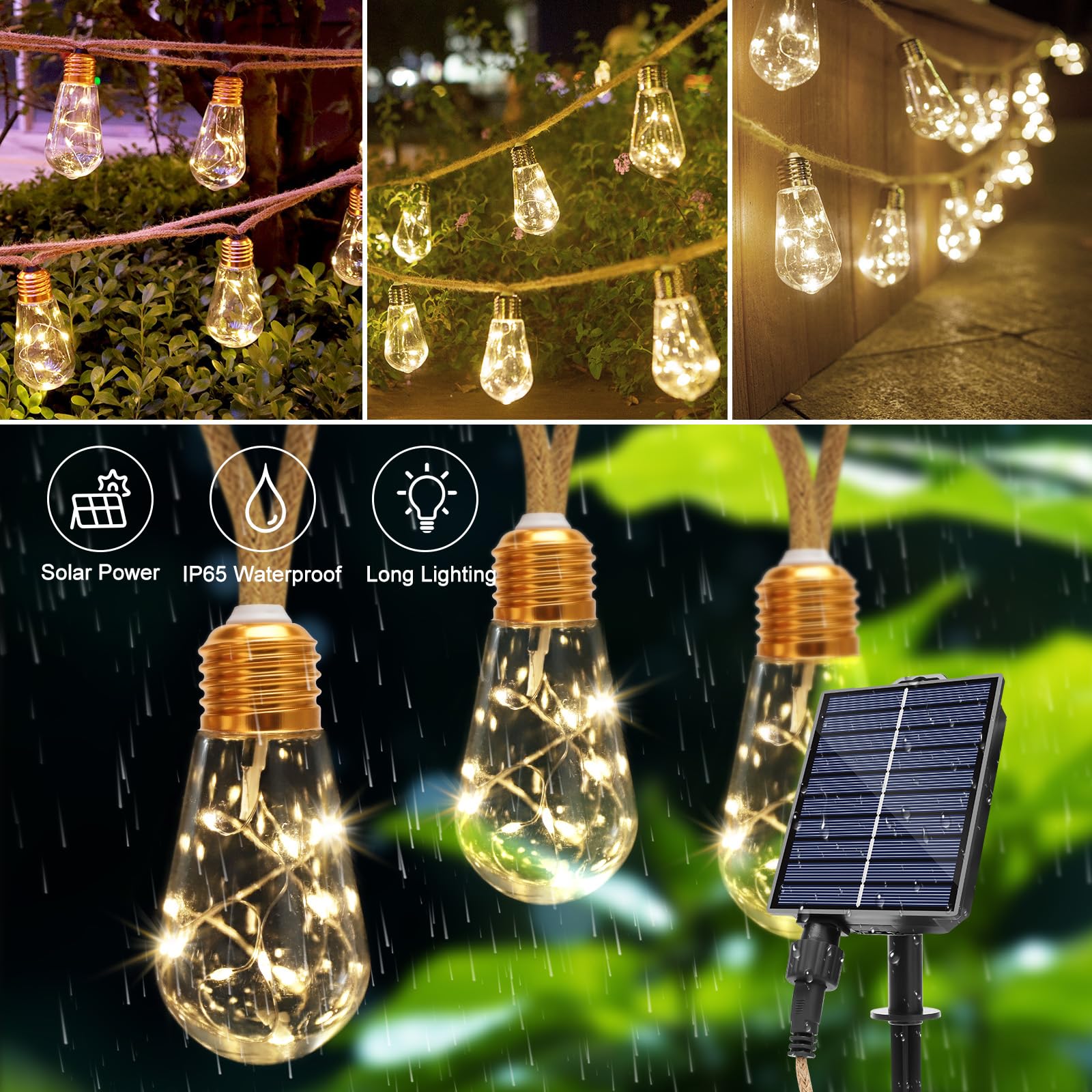 TUODAW Solar String Lights, 26FT Vintage Rope Hemp, 8 Modes, Remote Control, Warm White, Waterproof, Model 20240406