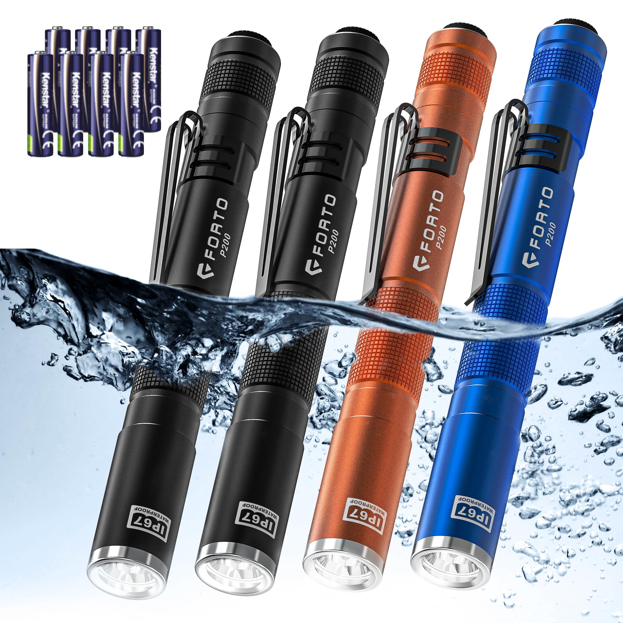FORTO LED Pen Light, 200 Lumens Pocket Flashlight, IP67 Waterproof, 2 Modes, 2 Pack with AAA Batteries, Lightweight & Durable fo
