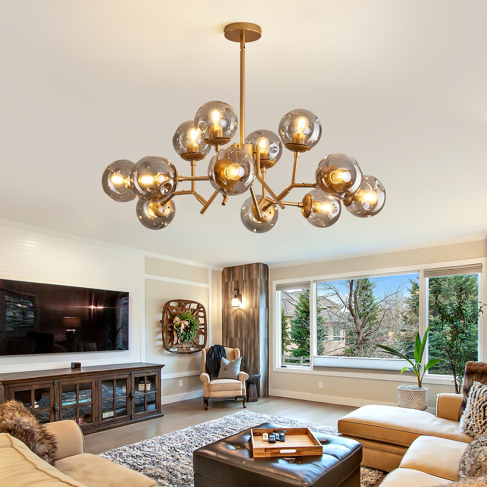 UOFUS 12-Light Glass Globe Sputnik Chandelier, Mid-Century Modern, Matte Gold, D-2155, Vintage Pendant Light for Living Room & Dining Room