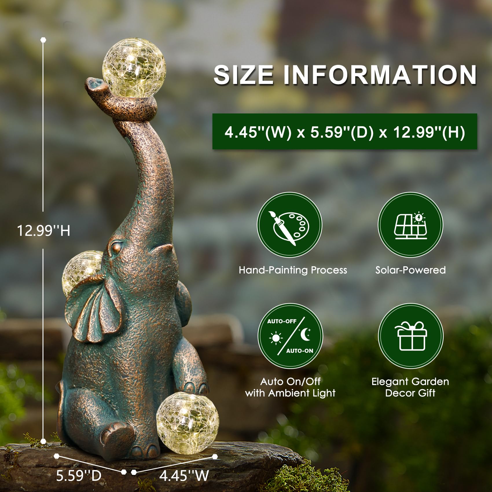 Mininova Garden Decor Outdoor Statues Elephant With Cracked Glass Balls, Cute Solar Figurine For Patio, Lawn, Yard Art Ornament