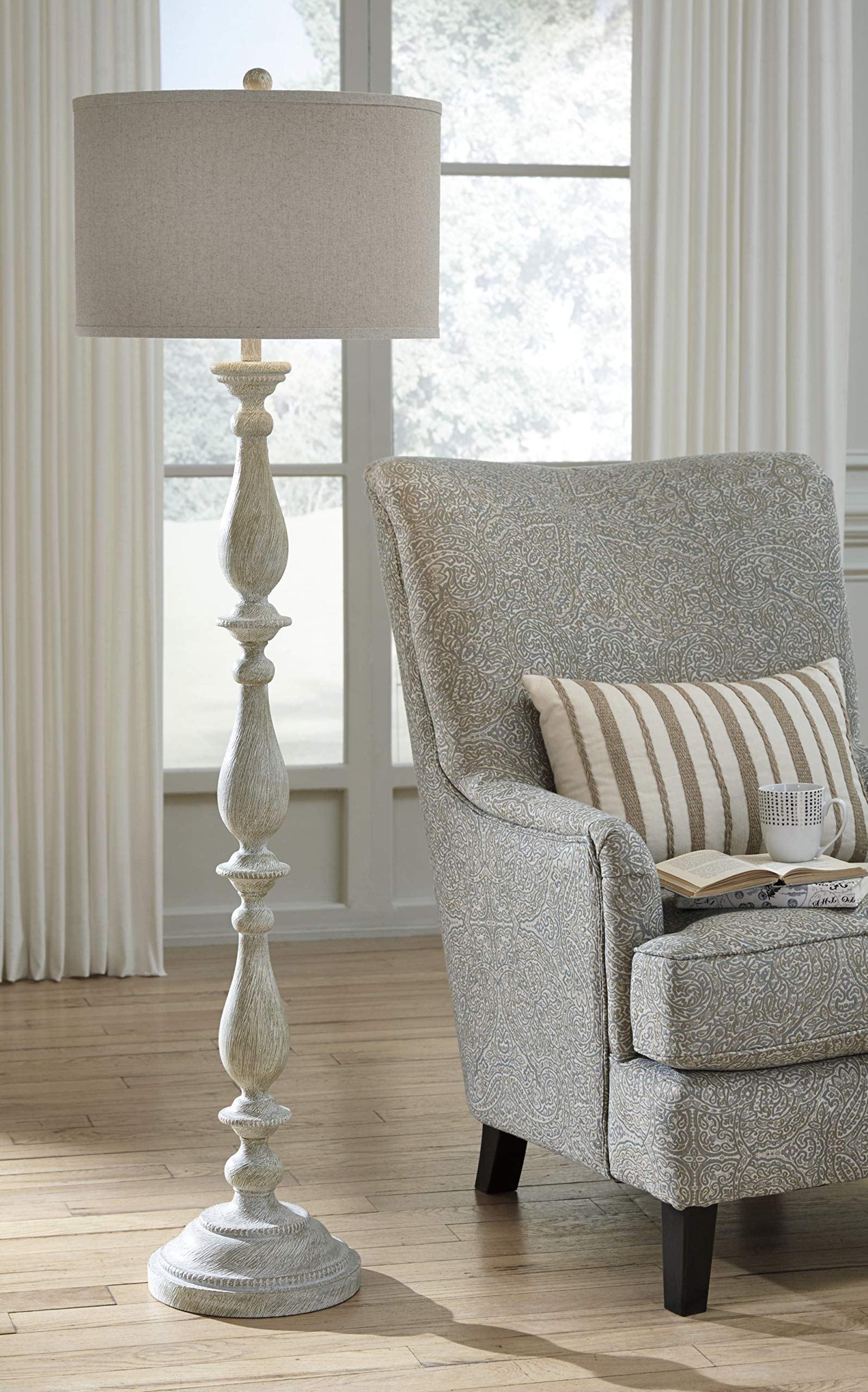 Signature Design by Ashley Floor Lamp - Vintage Casual Bernadate, Taupe, Cast Resin, Drum Shade, Model L235341