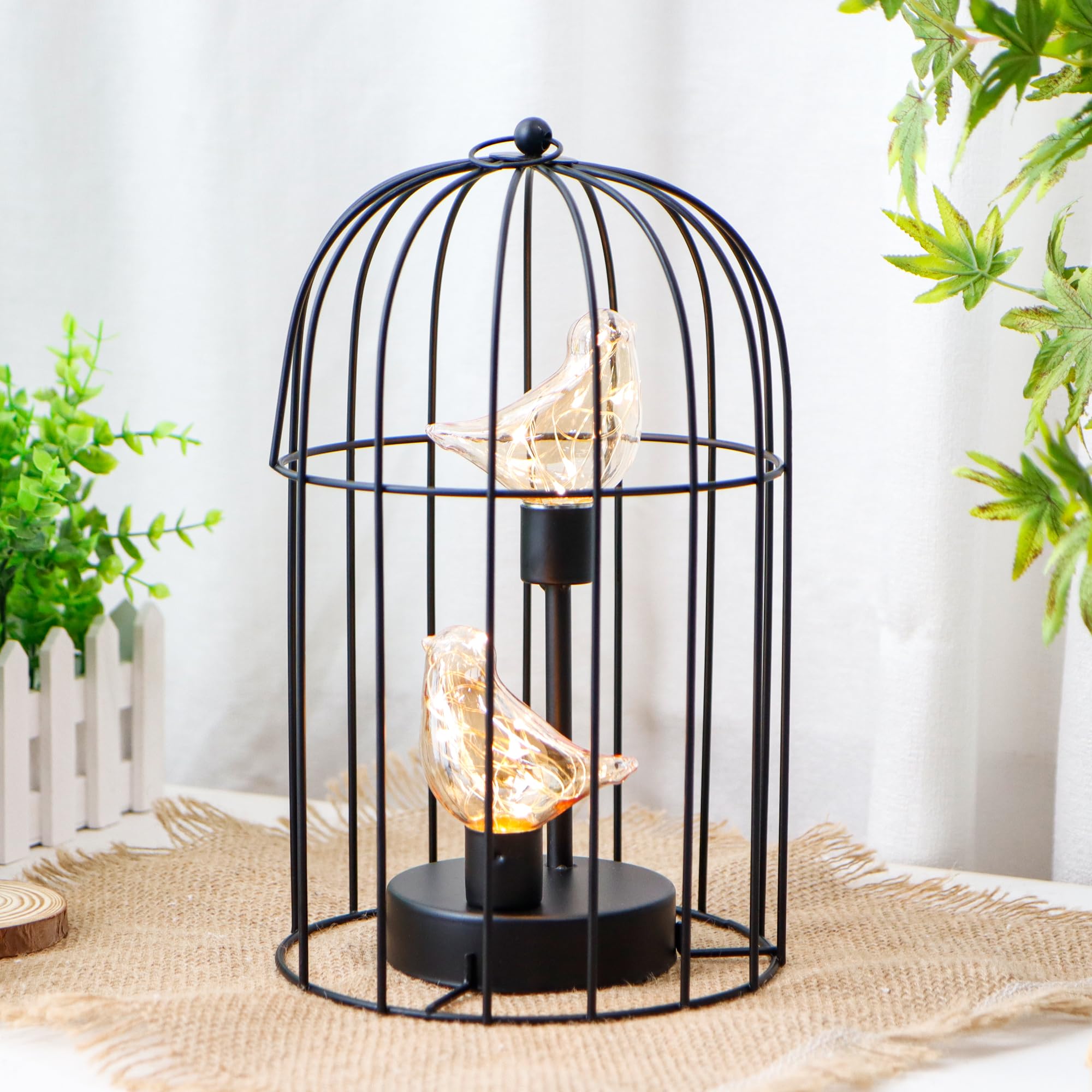 Jhy Design Birdcage Decorative Lamp Battery Operated 12'' H Cordless Table Lamp With Warm White Fairy Lights Bird Bulb For Indoo